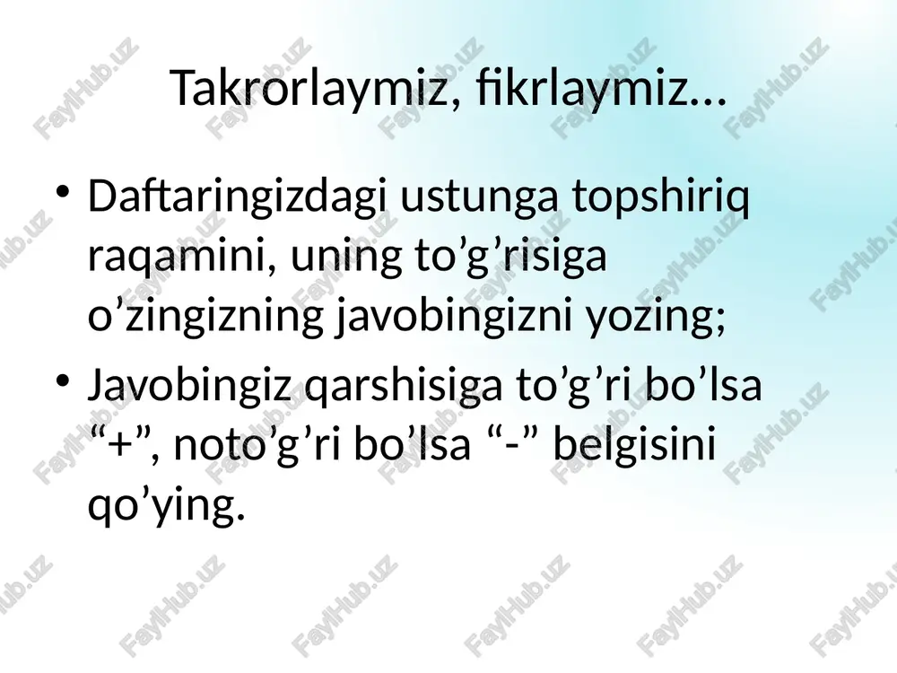 hiriqlarni bajaring: 3 ta topshiriq – bajarilishi shart; 4-5 ta topshiriq – qo’shimcha. uyga vazifa § ; mashqlar ; kartochka asosida undividual topshiriqlar. image1.png image2.png image3.png image4.png image5.jpeg image6.gif image7.gif image8.gif image9.gif image10.jpeg image11.jpeg image12.gif image13.png image14.gif image15.gif image16.png image17.png image18.png image19.png image20.png image21.png /docprops/thumbnail.jpeg