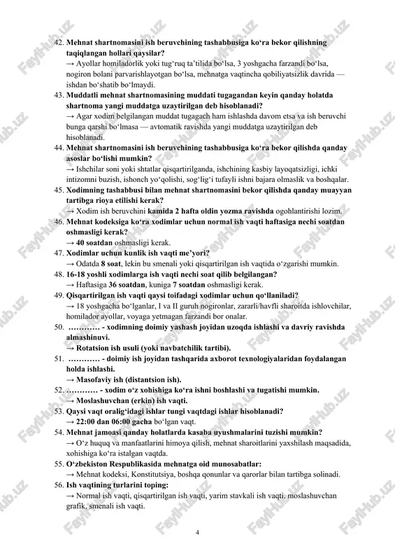 mehnat shartnomasi asosida ishlayotgan, 15 yoshga to‘lgan (otasining yoki onasining yoki vasiylik organining yozma roziligi bilan) yoki 16 yoshdan katta fuqaro. 30. ish beruvchi sifatida kimlar faoliyat yuritishi mumkin? → yuridik shaxslar (korxonalar, tashkilotlar), yakka tartibdagi tadbirkorlar, davlat muassasalari. 31. xodimning quyidagi huquqlaridan qaysi biri mehnat shartnomasida ko‘rsatiladi? → lavozimi, ish haqi miqdori, ish vaqti, dam olish va ta’til shartlari kabi asosiy huquqlari. 32. ish beruvchining majburiy mehnatni qo‘llashga yo‘l qo‘yishi mumkinmi? → yo‘q, bu taqiqlangan. majburiy mehnat jinoyat hisoblanadi. 33. jamoa kelishuvi nima? → ish beruvchi bilan xodimlar (yoki ularning vakillari) o‘rtasida mehnat va ijtimoiy-iqtisodiy masalalar bo‘yicha erkin kelishuv. 34. jamoa kelishuvlarida nima muhokama qilinishi mumkin? → ish haqi, ish vaqti, dam olish, ijtimoiy kafolatlar, mehnat sharoitlari, ijtimoiy himoya va boshqalar. 35. jamoa kelishuvlari qanday shaklda tuziladi? → yozma shaklda. amal qilish muddati: odatda 3 yil (ammo tomonlar boshqa muddat belgilashi mumkin). 36. jamoa shartnomasida qanday shartlar bo‘lmasligi kerak? …
