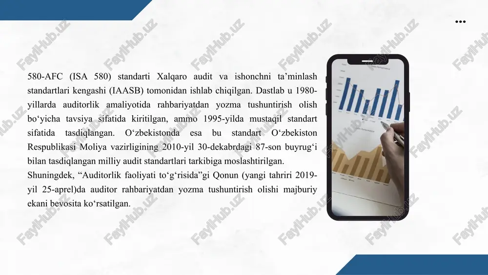 adi. audit fondi nuqtayi nazaridan 580-afc quyidagi vazifalarni bajaradi: auditorlik jarayonida dalillarni hujjatlashtirish; auditor va rahbariyat javobgarligini aniqlashtirish; audit riskini kamaytirish; hisobotning ishonchliligini oshirish. rahbariyatdan yozma tushuntirish olish — bu auditor uchun nafaqat formal talab, balki moliyaviy hisobotlarning ishonchliligi kafolatini ta’minlovchi zaruriy amaliyotdir. shu bois, har bir auditorlik tashkiloti va audit fondi 580-afc standartining talablariga qat’iy amal qilishi, rahbariyat bilan rasmiy yozma aloqa o‘rnatishi zarur. audit fondi yoki auditorlik tashkiloti 580-afc standartini amaliyotda quyidagi bosqichlarda qo‘llaydi: audit rejasini tuzishda rahbariyatdan oldindan og‘zaki tushuntirish olinadi. audit yakunida esa bu tushuntirish yozma shaklga keltiriladi. yozma tushuntirish auditorlik dalilining yakuniy bosqichi sifatida hisoblanadi va hisobot tayyorlashda asos bo‘ladi. audit fondi uchun bu jarayon quyidagi natijalarni beradi: huquqiy himoya – auditor rahbariyat ma’lumotlariga asoslanganini isbotlay oladi. audit riskini kamaytirish – noto‘g‘ri hisobot uchun auditor emas, rahbariyat javobgar bo‘ladi. xalqaro tajribaga moslik – 580-afc orqali o‘zbekiston auditorlik amaliyoti xalqaro tizimga integratsiyalashgan. “o‘zafa” (o‘zbekiston auditorlar federatsiyasi …