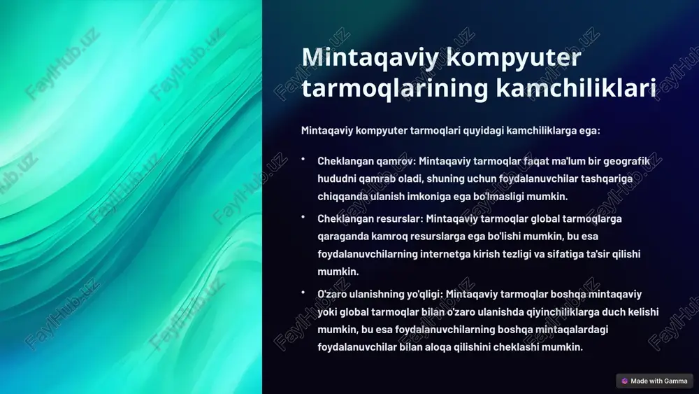 lish imkonini beradi. 8 mintaqaviy va global kompyuter tarmoqlarini rivojlantirish strategiyalari mintaqaviy va global kompyuter tarmoqlarini rivojlantirish uchun quyidagi strategiyalar muhimdir: infrastrukturani yaxshilash: yuqori tezlikli internet tarmoqlari va simsiz aloqa texnologiyalarini kengaytirish, shuningdek, ma'lumot uzatish tezligini va ishonchliligini oshirish uchun infrastrukturaga investitsiyalar kiritish muhimdir. texnologiyalarni innovatsiyalash: yangi texnologiyalar, masalan, 5g, bulutli hisoblash va sun'iy intellektni joriy qilish, tarmoqlarning ishlashini va imkoniyatlarini yaxshilashga yordam beradi. xavfsizlikni kuchaytirish: kiberxujumlar va ma'lumotlarni buzish xavfini kamaytirish uchun tarmoqlarni himoya qilish uchun qattiq xavfsizlik choralarini qo'llash kerak. o'zaro hamkorlikni rivojlantirish: hukumatlar, bizneslar va akademik muassasalar o'rtasidagi hamkorlik tarmoqlarni rivojlantirish va boshqarish uchun muhimdir. ta'lim va malakani oshirish: internetni foydalanish va tarmoq texnologiyalari bilan ishlash bo'yicha malakani oshirish, foydalanuvchilarni xavfsizlik va internetdan foydalanishning axloqiy jihatlari bilan tanishtirish muhimdir. 9 xulosa va tavsiyalar mintaqaviy va global kompyuter tarmoqlari zamonaviy jamiyatning muhim qismi bo'lib, biznes, ta'lim, sog'liqni saqlash va boshqa sohalarda ko'plab imkoniyatlar yaratadi. ushbu tarmoqlarni rivojlantirish va …
