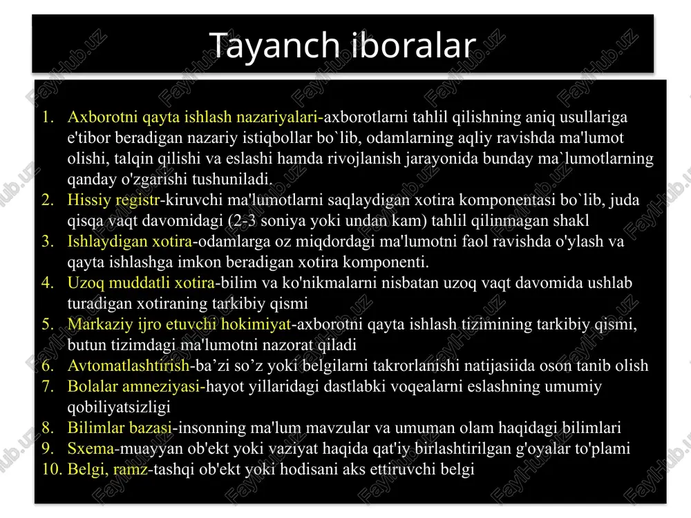 arini ma'lum bir vazifaga yo'naltirish va qo'llab-quvvatlashga qodir bo'lishadi. yosh bolalarning e'tiborini qancha vaqt ushlab turishi qisman ularning temperamentiga bog'liq. ba'zi kichkintoylar vazifani o'zi tanlaganda, qiziquvchan va boshqalar aralashuvidan xoli bo'lganida mashg'ulotlarga juda berilib ketishadi. ba’zi kichkintoylarimiz esa bir faoliyatdan ikkinchisiga tezda o'tishga moyil bo`ladilar. diqqat borgan sari maqsadga muvofiq bo'ladi. bolalar 3 yoki 4 oylik bo'lganida, ular yaqinda harakatlanuvchi ob'ekt paydo bo'lishini taxmin qilish qobiliyatlarini namoyon etishadi va ularning diqqatini o'zlariga qaratadilar. maktabgacha yoshda ular qasddan biron bir narsani o'rganish va eslab qolishlariga yordam berish uchun diqqatni jalb qilishadi va diqqatni jamlash qobiliyati boshlang'ich va o'rta maktab yillari rivojlanib boradi. image1.jpeg image2.jpeg image3.jpeg /docprops/thumbnail.jpeg