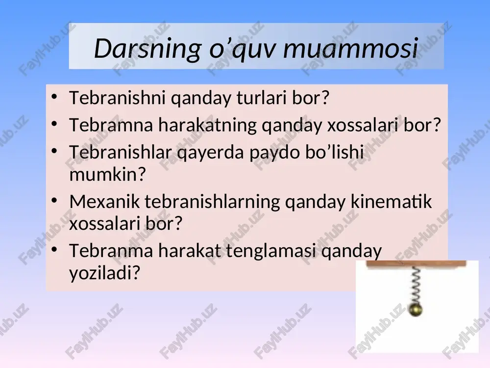 adi a. prujinaga osilgan yuk turg’un muvozanat holatidan bir marta og’dirilganda. b. ishlab turgan dinamikning membranasi. faqat a faqat b a va b a ham, b ham emas o’rganganlarni mustahkamlash. ko’rgazmali topshiriq prujinali mayatnik matematik mayatnik 1 mayatnikni ishga tushiring. 2. mayatnik harakat trayektoriyasini chizing, 3 ta nuqtada uning tezligi va kuchini ko’rsating. 4. tebranishlar amplitudasini aniqlang. 5. tebranishlar davrini aniqlang. 6. tebranishlarni tavsiflovchi kattaliklarning tebranish davriga bog’liq holda o’zgarishini xulosa qiling. 1 mayatnikni ishga tushiring. 2. mayatnik harakat trayektoriyasini chizing, 3 ta nuqtada uning tezligi va kuchini ko’rsating. 4. tebranishlar amplitudasini aniqlang. 5. tebranishlar davrini aniqlang. 6. tebranishlarni tavsiflovchi kattaliklarning tebranish davriga bog’liq holda o’zgarishini xulosa qiling. * tebranishlar nimasi bilan farq qiladi? u i 0 u r i r 0 t razbiraem ustno * tebranishlar nimasi bilan farq qiladi? fazoy kolebaniya – sin ili cos * real (so’nuvchi) tebranishlar grafigi tebranishlar nimasi bilan farq qiladi? esli ostanetsya vremya, …