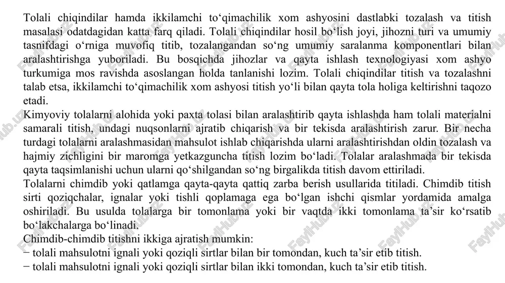 q o‘rnatiladi, uning vazifasi titish jarayonida tolalarga zarar yetmasligini taminlash. sintetik tolalarni tozalashga hech qanday extiyoj yo‘q, chunki panjara tizimi tushirilgan. 1200 mm, 1600 mm va 2000 mm kenglikda ishlab chiqarilgan tituvchi-aralashtiruvchi mashinalar katta sig‘imga ega bo‘ladi. ignali panjara maxsulotni, fotodatchik orqali nazorat qilinib turuvchi tituvchi-aralashtiruvchi mashinalarning saqlovchi kamerasiga yuboradi. saqlovchi kamera ostida turadigan ikkinchi tasma talabga ko‘ra harakatlanadi va ignali tasma matoni ochadi va uni ochiluvchi silindr tomonga harakatlantiradi. ignali tasmadan maxsulotni yetkazib berish darajasi, tez-tez sozlab turuluvchi motor yordamida oshirilishi yoki kamaytirilishi mumkin. b20 double silinder opener b20 double silinder opener (ikki barabanli tozalagich) paxtani chiqindilaridan yuqori darajada tozalshiga qaramasdan, tozalash jarayonining boshlanishida yuqori darajada tozalash imkoniyatiga ham ega. bu mashinada tozalash jarayoni tolalarni qattiq ushlab turmagan holda ya’ni ularni erkin harakatlantirib bajariladi. tozalash jarayoni metall koziqlar, panjalar va havo oqimi bilan amalga oshiriladi. shunday qilib, paxta xas-cho‘plardan tozalanadi va shikastlanmasdan titiladi. barcha zamonaviy tozalash mashinalarida bo‘lgani kabi, …
