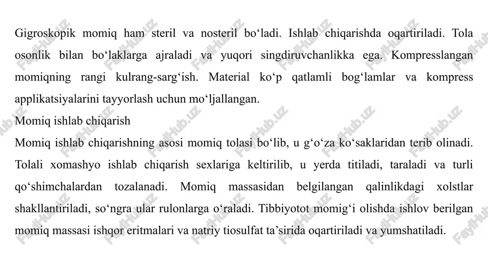 shmalardan tozalanadi. tibbiyot momiq olishda momiq tolasiga ishlov berishda quritish jarayoni asosiy bosqichlardan biri hisoblanadi. masalan, agar tola haddan tashqari quritilgan bo‘lsa, u yuqori namlikdagi xonalarda bug‘ bilan ishlov berish va namlash orqali ko‘p mehnat talab qiladigan tiklanishi kerak. sterilizatsiya jarrohlik gigroskopik tibbiyot momiq operatsiya maydonini va jarohatni quritish, qon ketishini to‘xtatish va drenajlash maqsadida jarohatlarni tamponada qilish, bog‘lam qo‘yish, jarohat va kuygan yuzani ikkilamchi infeksiya va shikastlanishdan himoya qilish uchun operatsiyalar va bog‘lamlarda qo‘llaniladi. shunga ko‘ra, bu maqsadlar uchun faqat steril momiq ishlatiladi[1]. momiq mahsulotlari tayyorlash uchun ishlatiladigan saralanma tarash jarayoni aksariyat hollarda kichik o‘lchamli tarash mashinalarida amalga oshiriladi. shunday mashinalar jumlasiga mansub chmm-14vm tarash mashinasida navli momiq tolalarini qayta ishlanadi, unda tibbiyotot uchun mo‘ljallangan momiq mahsulotlari ishlab chiqariladi. chmm-14vo tarash mashinasida esa, navi past bo‘lgan momiq tolalari va ip yigirish korxonalari chiqindilaridan texnik va kiyim bosh uchun mo‘ljallangan momiq mahsulotlari tayyorlanadi. chm-10s tarash mashinasi qo‘zg‘almas tarash segmentlari va …