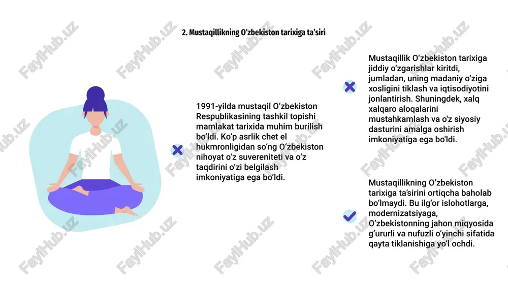 tushunish 1991-yilda mustaqil o‘zbekiston respublikasining tashkil topishi xalqimiz uchun o‘nlab yillar davomida sovet ittifoqi tarkibida bo‘lganidan keyin muhim tarixiy voqea bo‘ldi. mustaqillikka o'tish o'zbekiston tarixida hal qiluvchi burilish davri bo'ldi, chunki mamlakat jahon miqyosida o'z yo'lini va o'ziga xosligini aniqlashga intildi. o‘zbekiston tarixini bilish xalqning mustaqillik va suverenitet sari yo‘lida duch kelgan qiyinchiliklar va g‘alabalarni qadrlashda muhim ahamiyatga ega. 10. mustaqil o‘zbekiston respublikasi haqida fikr yuritish 1991-yilda mustaqil o‘zbekiston respublikasining tashkil topishi mamlakat tarixida muhim burilish bo‘lib, o‘nlab yillik sovet hokimiyatining yakuniga yetdi. mustaqil o‘zbekiston respublikasi haqida fikr yuritish xalqning ozodlik va istiqlol yo‘lida ko‘rsatgan kurashlari va fidoyiliklarini qadrlash imkonini beradi. bu tarixiy voqea ham o‘zbek xalqining o‘z taqdiri va milliy o‘zligini shakllantirish, kelajak avlodlar uchun keng yo‘l ochishdagi matonat va qat’iyatini ta’kidlaydi. 100 75 50 e’tiboringiz uchun rahmat