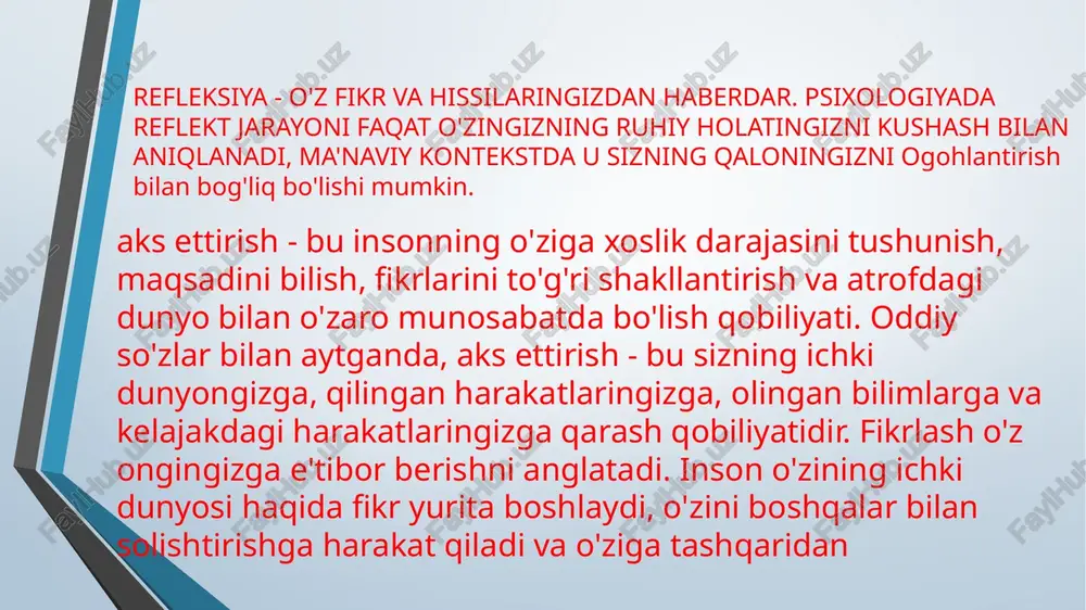 izning barcha harakatlaringiz haqida o'ylash va ularning oqibatlarini tahlil qilish odat tusiga kiradi. inson hayotga jiddiyroq munosabatda bo'lishni boshlaydi, chunki noto'g'ri qadam halokatli oqibatlarga olib kelishi mumkin . o'zingizda mulohaza yuritishni rivojlantirish oson - faqat o'zingiz bilan halol va ochiq bo'ling. qasddan qilingan harakatlar va ongli qarorlar samarali natijalar beradi. vaqti-vaqti bilan introspektsiya bilan shug'ullanib, lekin cheksiz fikrlarga kirmasdan, inson o'z hayotini oson va baxtli qilishi mumkin. mulohaza yuritish orqali inson barcha muammolar uchun o'zini ayblashni to'xtatadi yoki aksincha, barcha mas'uliyatni boshqalarga yuklaydi. aniq va to'g'ri hayotiy pozitsiya paydo bo'ladi. image2.jpg image3.jpeg image4.jpeg /docprops/thumbnail.jpeg