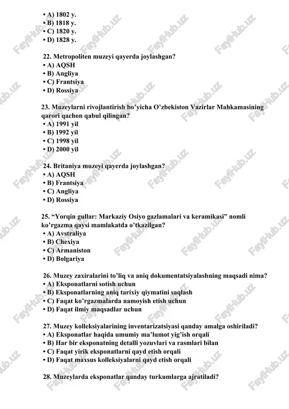 c) faqat muallifi • d) faqat qiymati va tarixi 35. muzey eksponatlarini to’g’ri inventarizatsiya qilishda qanday hujjat kerak? • a) faqat surat • b) to’liq inventarizatsiya kartasi • c) faqat tavsif • d) faqat tarixiy ma’lumot 36 muzeylarning axloqiy vazifalaridan biri nima? • a) faqat foyda ko’rish • b) jamiyat uchun bilim berish • c) eksponatlar sotish • d) faqat ilmiy tadqiqotlar 37. muzey eksponatlarini xarid qilishda qaysi tamoyilga amal qilish kerak? • a) faqat narxi va qiymatiga qarab • b) eksponatning qonuniyligi va manbasi • c) faqat mashhurligi • d) faqat ko’rgazma talablariga ko’ra 38. muzeylarning ta’limiy vazifalari nimani o’z ichiga oladi? • a) faqat eksponatlar namoyishi • b) jamoatchilikka madaniy merosni yetkazish • c) faqat ilmiy tadbirlar • d) faqat yillik hisobotlar 39 muzeylarda eksponatlarni saqlashda qanday axloqiy tamoyilga rioya qilinadi? • a) faqat estetik ko’rinishga • b) tarixiy va madaniy qiymatini saqlashga • c) faqat texnik xizmat …