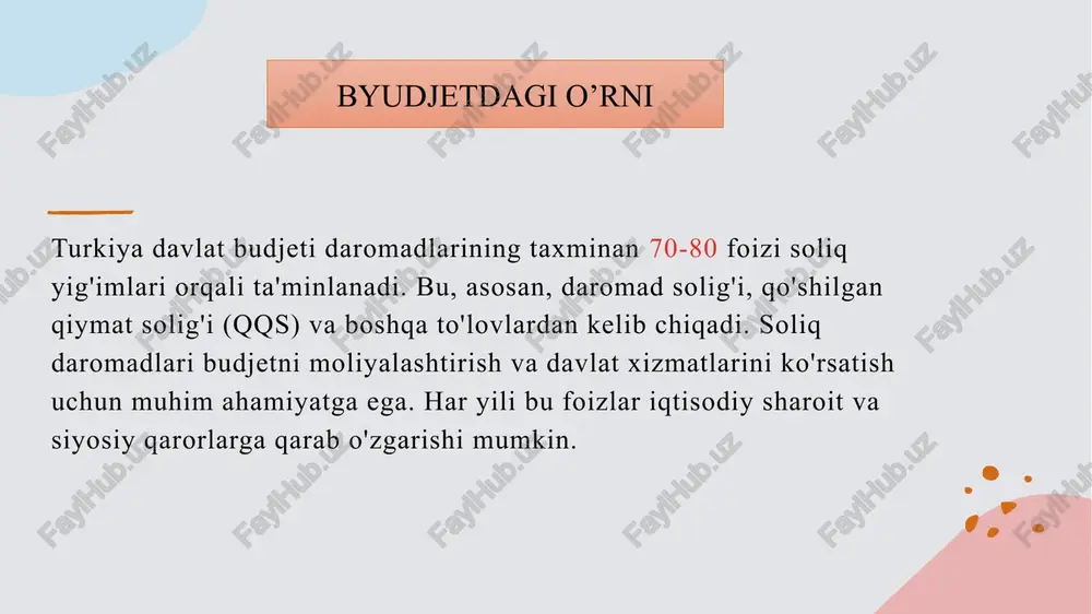 tizimlarini rivojlantirish. soliq nazoratini kuchaytirish: turkiya modelidagi qat'iy soliq nazorati va audit tizimlarini o'rnatish. soliq imtiyozlarini kengaytirish: investitsiyalarni jalb qilish uchun soliq imtiyozlarini taklif etish va sanoat sektorlari uchun maxsus rag'batlar yaratish. xalqaro tajribalarni tahlil qilish: turkiyada muvaffaqiyatli bo'lgan amaliyotlarni o'rganib, o'zbekiston sharoitlariga moslashtirish. e'tiboringiz uchun rahmat! /docprops/thumbnail.jpeg