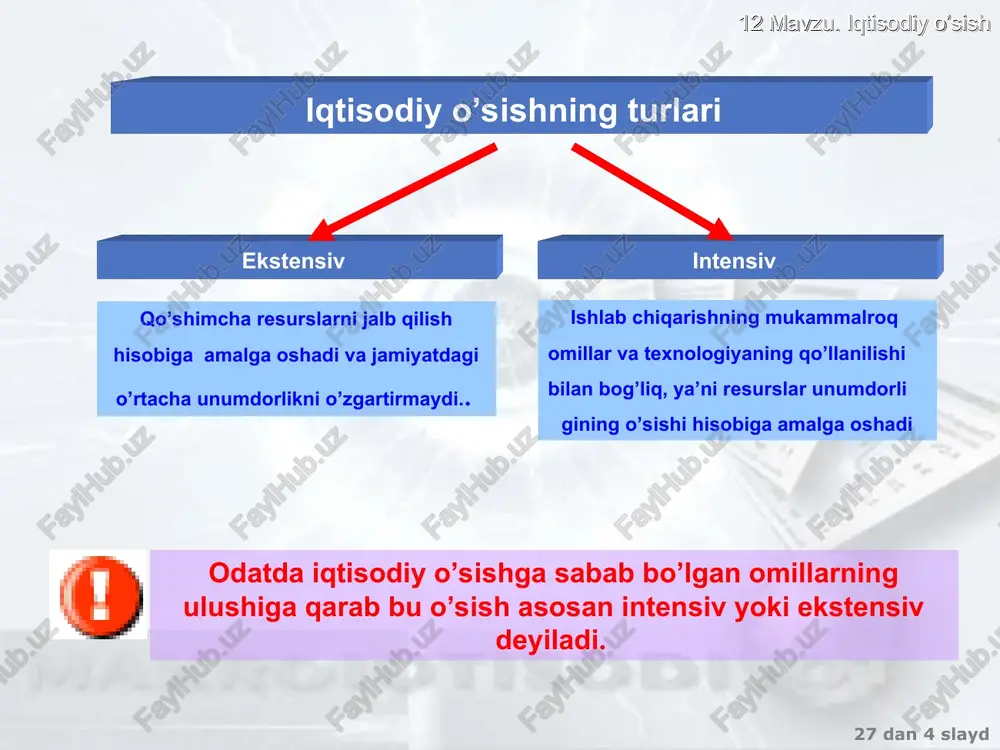 g ishdan chiqib ketgan hajmi o’rtasidagi tarqqa teng bo’ladi iste’molning maksimal darajasi eg’a bo’lgan barqaror holatni ta’minlaydigan kapital zaxiralarning darajasi kapital zaxiralarning oltin darajasi (k**) deyiladi iqtisodiy farovonlik iste’molning maksimal darajasi y=c+i c=y-i 27 dan * slayd 12 mavzu. iqtisodiy o’sish iste’molning barqaror darajasi iste’mol hajmi maksimallashtiradigan kapital bilan ta’minlanganlikning barqaror darajasi “oltin qoida”ga muvofiq bo’lgan. “oltin qoida”ga muvofiq bilan ta’minlanganlikning -k**, “oltin qoida”ga muvufiq iste’mol - c** deb belgilanadi agar kapital bilan ta’minlanganlikning barqaror darajasida quyidagi shart bajarilsa, unda iste’mol maksimal darajasiga erishadi: y* , s k s k* k** k* c** 27 dan * slayd 12 mavzu. iqtisodiy o’sish ii. r. soloy modelidagi aholi (ishchi kuchi) omili kapital zaxiralari o’zgarishining sabablari: 1. investitsiyalar (i) kapital zaxiralarining o’sishida olib keladi 2. kapitalning ishdan chiqib ketishi ( ) kapital zaxiralarining kamayishida olib keladi 3. aholining (ishchi kuchining) o’sishi (n – aholining o’sish sur’ati) kapital zaxiralarining kamayishida olib keladi d k=i- …