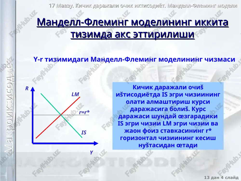 ri is –lm modeli mandell – fleming modeli y r suzib yuruvchi valyuta kursi šayd etilgan valyuta kursi y e nx y e nx fiskal siesat ↑ ↑ 0 ↑ ↓ ↑ 0 0 monetar siesat ↑ ↓ ↑ ↓ ↑ 0 0 0 tashši savdo siesati - - 0 ↑ 0 ↑ 0 ↑