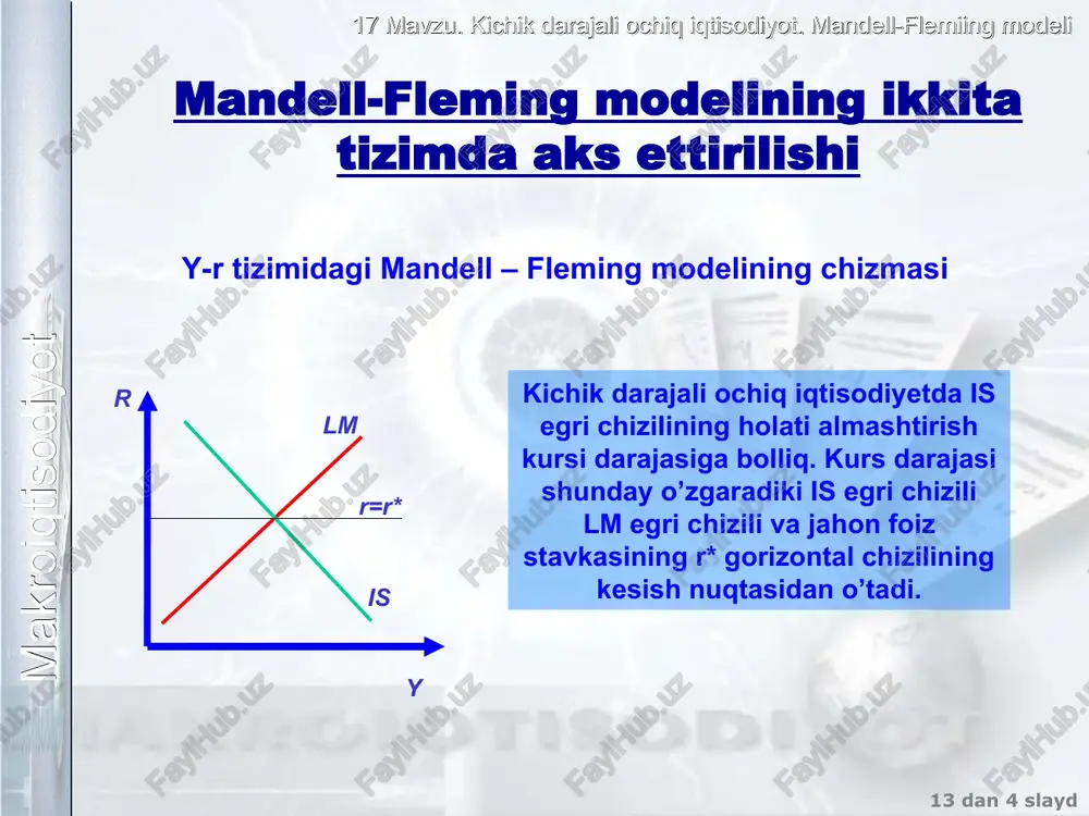iyosat vositalari ta’sirining qiyosiy natijalari rag’batlantiruvchi siyosat vositalari is –lm modeli mandell – fleming modeli y r suzib yuruvchi valuta kursi qayd etilgan valuta kursi y e nx y e nx fiskal siyosat ↑ ↑ 0 ↑ ↓ ↑ 0 0 monetar siyosat ↑ ↓ ↑ ↓ ↑ 0 0 0 tashqi savdo siyosati - - 0 ↑ 0 ↑ 0 ↑