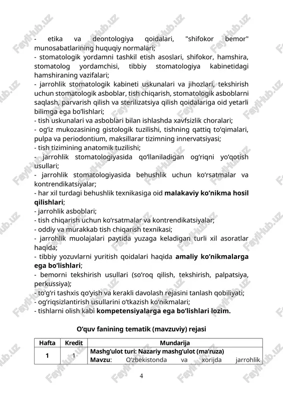zaytiradigan dorilar. qisqacha annotatsiya: jarrohlik stomatologiyasida ishlatiluvchi instrumentlar turlari. jarrohlik stomatologiyasida ishlatiladigan instrumentlarning o’ziga hosligi mavzu rejasi: 1. jarroxlik stomatologiyasida ishlatiladigan instrumentlarning o’ziga hoslig 2. mahalliy anesteziyada ishlatiladigan anestetiklar 2 mashg‘ulot turi: amaliy mashg’ulot-3 mavzu:jarrohlik stomatologiyasida ishlatiladigan asboblar. maxaliy anesteziya uchun ishlatiladigan anestetiklar. mahalliy anesteziyani ta'sirini uzaytiradigan dorilar. qisqacha annotatsiya: jarrohlik stomatologiyasida ishlatiluvchi instrumentlar turlari. jarrohlik stomatologiyasida ishlatiladigan instrumentlarning o’ziga hosligi mavzu rejasi: 1. jarroxlik stomatologiyasida ishlatiladigan instrumentlarning o’ziga hoslig mahalliy anesteziyada ishlatiladigan anestetiklar 1 mashg‘ulot turi: nazariy mashg‘ulot (ma'ruza) 4 mavzu: tishlar va jag‘larning innervatsiyasi. uch shoxli nerv tizimini anatomik tuzilishi. innervatsiya zonalari. qisqacha annotatsiya: uch shoxli nervning anatomiyasi. o’ziga hosligi mavzu rejasi: 1. tish va jag’larning innervatsiyasi 2. uch shoxli nervning anatomik tuzilishi 4 2 mashg‘ulot turi: amaliy mashg‘ulot 4 mavzu: tishlar va jag‘larning innervatsiyasi. uch shoxli nerv tizimini anatomik tuzilishi. innervatsiya zonalari. qisqacha annotatsiya: uch shoxli nervning anatomiyasi. o’ziga hosligi mavzu rejasi: 1. tish va jag’larning innervatsiyasi …
