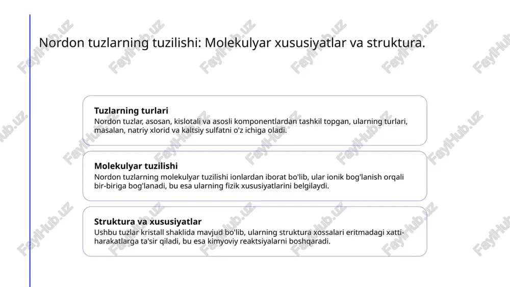 im ahamiyatga ega. xulosa 1 kimyoviy xususiyatlar va ahamiyati nordon, asosli va kislotali tuzlar kimyoviy xususiyatlari bilan birga, turli sohalarda muhim ahamiyat kasb etadi. ular ko'plab amaliyotlarda qo'llaniladi. 2 tuzlarning eritmadagi ta'siri tuzlar eritmada ionlarga ajralib, kimyoviy reaktsiyalarni boshqarishda muhim rol o'ynaydi. ularning xatti-harakatlari ko'plab jarayonlarni ta'sir qiladi. 3 kompleks tuzlar va dinamikasi kompleks tuzlar metal ionlar va ligands o'rtasidagi bog'lanishlar natijasida hosil bo'ladi. ular kimyoviy reaksiya tezligini oshirishda muhimdir. foydalanilgan adabiyotlar 1. rizayeva, z. m. nordon tuzlar: olinishi va xususiyatlari. o'zbekiston milliy universiteti, 2022 2. murodov, a. asosli va kislotali tuzlar: ta'rifi va farqlari. toshkent davlat agrar universiteti, 2021 3. karimova, d. tuzlarning eritmadagi holati va xatti-harakatlari. o'zbekiston fanlar akademiyasi, 2023 4. jumaniyazov, a. kompleks tuzlar va ularning kimyoviy xususiyatlari. kimyo va biologiya fanlari jurnali, 2020 5. saidov, k. qo'sh tuzlar: olinishi va xususiyatlari. o'zbekiston respublikasi ta'lim vazirligi, 2022 e'tiboringiz uchun rahmat! /docprops/thumbnail.jpeg