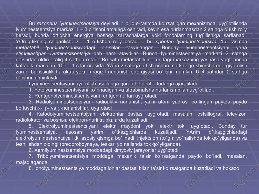 iklardagi nurlanish, 5, 6 – chuqurroq sathlardagi lyuminessentsiya. suyuq va qattiq lyuminoforlarning muhim hususiyati, ularning lyuminestsentsiya spektrning uyg`otuvchi yorug`lik to`lqinining uzunligiga bog`liq bo`lmasligidan iborat. shu tufayli fotolyuminestsentsiya spektriga qarab va qattiq lyuminoforlarning tabiati to`g`risida fikr yuritish mumkin. biz quyida ba’zi bir kritallofosforlarning lyuminestsentsiya spektrilaridan na’munalar keltiramiz (3-rasm). masalan, ko`pgina noorganik lyuminoforlar keng spektral polosalarga ega bo`lsalar, noyob er elementlari (er, tu, nd, sm, tb va shu kabilar) ning lyuminestsentsiyasida keskin tor liniyalar mavjud. 4-rasmda ittriy-aluminiy-granat kristaliga krishma sifatida kiritilgan nd3+ ionida yorug`likning yutilishi (chapdagi o`tishlar) va lyuminestsentsiyasi sxematik ravishda keltirilgan. 5-rasmda esa aluminiy-granat kristaliga krishma sifatida kiritilgan nd3+ ionida kuzatiladigan lyuminestsentsiya spektri tasvirlangan. lyuminestsentsiya spektrlari neodim ioni atom termlarining ajralishi natijasida hosil bo`ladigan energetik sathlar orasida kuzatiladi. ko`rsatilgan energetik polosalarning belgilashlari spektroskopiyada qabul qilingan. asosiy sath 4i9/2 bo`lsa, qolgan 4g7/2, 2g9/2, 4s3/2+4f7/2, 4f5/2+2h9/2, 4f3/2 sathlar esa uyg`ongan sathlar hisoblanadi. 4-rasm. 5-rasm. lyuminestsentsiyaning asosiy xarakteristikasi bo`lib – lyuminestsentsiyaning energetik chiqishi hisoblanadi …