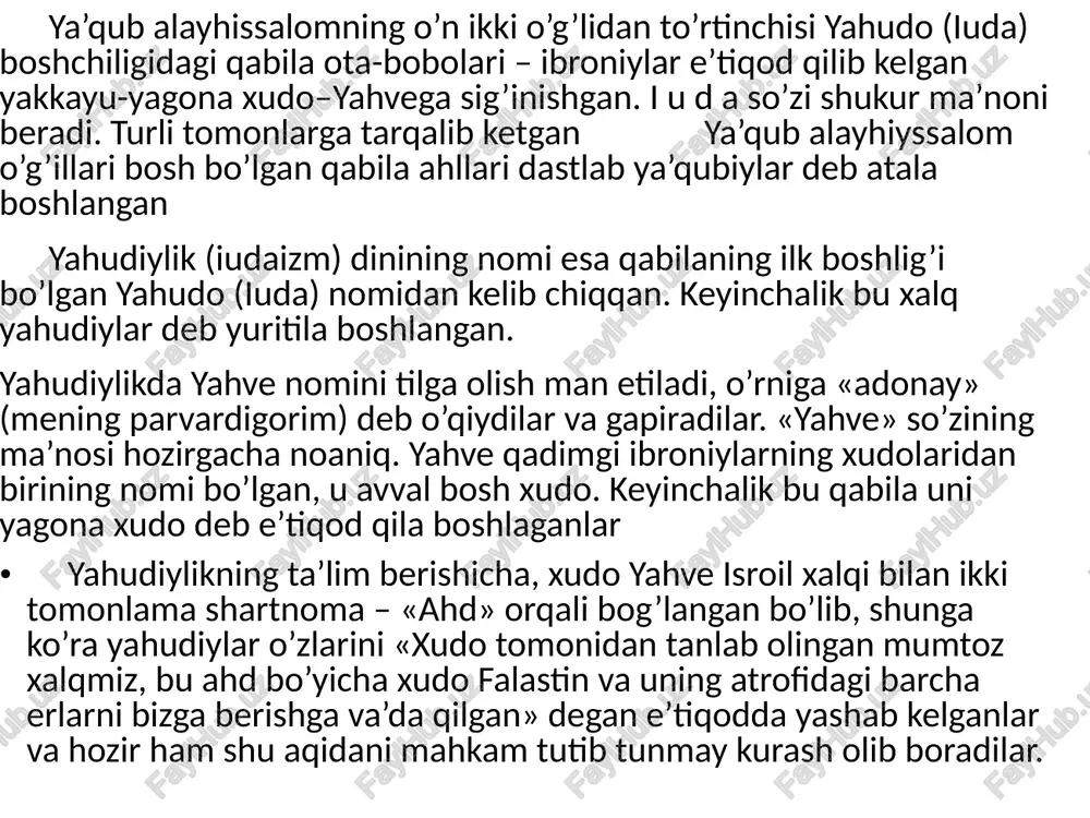 yahudiy ekanliklarini bildirganlar. yahudiylar pasxa bayramidan keyingi yetti kun davomida tuzsiz, xamirturushsiz patir - matsa yeydilar. matsani yeyish bilan har bir yahudiy muso boshchiligidagi o‘z ota-bobolarining chekkan mashaqqatlarini his etadi. bu bayram yahudiylarning quyosh-oy kalendarining nison oyining 14 kuni (aprel oyining o‘rtalariga to‘gri keladi) nishonlanadi. pasxadan keyingi 50-kuni yahudiylar shabuot (shevuot) bayramini nishonlaydilar. bu bayram dastlab dehqonchilik bayrami bo‘lgan, keyinchalik sinay tog‘ida musoga xudo tomonidan toraning berilishini nishonlab o‘tkaziladigan bayramga aylangan. u yahudiylarning kalendari bo‘yicha sivona oyining 6—7- kunlari nishonlanadi. kuzda yahudiy kalendaridagi tishri oyining 1—2- kunlari (sentyabr oxiri, oktyabr boshlari) yangi yil bayrami - rosh-ashona nishonlanadi. bu bayram yahudiylar uchun poklanish bayrami hisoblanib, ular qurbonlik qilingan qo‘chqor shoxidan yasalgan surnaylarni chaladilar, gunohlari qolmasligi uchun cho‘ntaklarini to‘ntarib yaxshilab qoqadilar. image1.png image2.png image3.png image4.png image5.png
