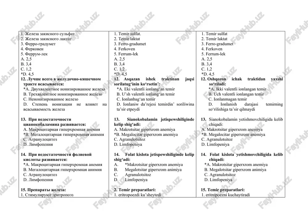 ibi temir sulfat va askorbin kislotadan turadigan preparat: a. ferkoven b. koamid *c. ferropleks d. pentoksil 6. parenteral qoʻllaniladigan temir preparati: a. temir sulfat *b. ferrum lek c. temir laktat d. ferropleks 7. qanday preparat rekombinat odam granulotsitar-makrofagal koloniestimulovchi faktori xisoblanadi: a. pentoksil *b. molgramostim c. natriy nukleinat d. merkaptopurin 8. eritropoezni pasaytiruvchi modda: a. epoetin alfa *b. natriy fosfat (r32) c. natriy nukleinat d. ferrum lek 9. odam eritropoetin rekombinant preparati: a. molgramostim b. filgrastim c. metiluratsil *d. epoetin- α va β 10. ichishga beriladigan temir preparatlari: 1. ferkoven 2. temir sulfat 3. temir laktat 4. ferrum-lek *a. 2,3 b. 3,4 c. 1,2 d. 2,4 11. parenteral qoʻllaniladigan temir preparatlari: 1. temir sulfat 2. temir laktat 3. fer​ro-gradumet 4. ferkoven 5. ferrum-lek a. 2,5 b. 3,4 c. 1,2 *d. 4,5 12. oshqozon ichak traktidan yaxshi soʻriladi: *a. ikki valentli ionlangan temir b. uch valentli ionlangan temir c. ionlanmagan temir …