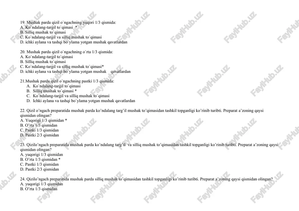 taraqqiyotining 5 haftasidan c. embrion taraqqiyotining 6 haftasidan d. embrion taraqqiyotining 7 haftasidan 30. me`da va uning bezlarining gistogenezi: a. mezenxima b. mezoderma c. ichak entodermasi * d. splanxnotom 31. me`daning rivojlanish manbai: a. ektoderma va mezenximadan b. ektoderma va entodermadan c. entoderma va mezenximadan* d. mezenxima va sploxnotomdan 32. me`daning funktsiyalari: a. sekretor, mexanik, so`rish, ekskretor, endokrin* b. sekretor, mexanik, so`rish, ximoya c. sekretor, mexanik, ekskretor, tayanch d. sekretor, mexanik, endokrin 33. me`daning ekskretor funktsiyasi: a. pepsin ishlab chiqarish b. nacl ishlab chiqarish c. modda almashinuvining oxirgi maxsulotlarini ajratish* d. shilliq ishlab chiqarish 34. me`daning shirasining tarkibi: a. pepsin, ximozin, hsl, shilliq, lipaza* b. pepsin, lipaza, shilliq va tripsin c. pepsin, lipaza, glikoproteid d. glikoproteidlar, ximozin, hcl va shilliq 35. me`daning endokrin funktsiyasi: a. pepsin ishlab chiqarish* b. xloridlarni ishlab chiqarish c. oxirgi maxsulotlarni ajratish d. shilliq ishlab chiqarish 36 me`da quyidagi qavatlardan iborat: a. shilliq osti, mushak, seroz …