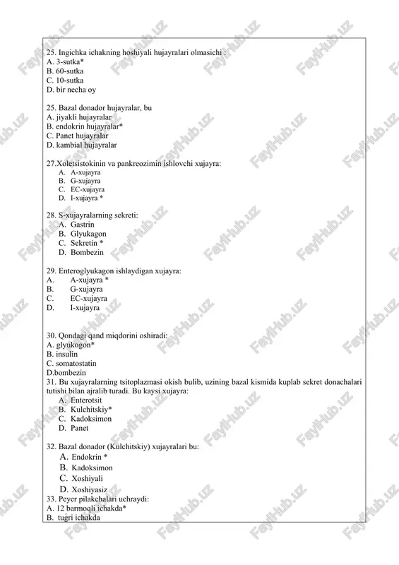 a va uning qorin pardasi bilan toliq yopilmogonligi* b. bezlar va mushak pardasi c. vorsinka va kriptlar d. kriptlar va shilliq osti 40.o'n ikki barmoqli ichak ingichka ichakning boshqa qismlaridan farq qiladi: a. mushak plastinkasining yoqligi b. vorsinkalarda ko'p miqdordagi qadoqsimon hujayralarining borligi c. shilliq ostidagi bezlarning yo'qligi d. shilliq qavatida bezlar mavjudligi* 41. 12 barmok ichak vorsinkasining uziga xosligi: 1. ingichka va baland 1. ingichka 1. serbar va kalta* 1. serbar va ingichka 42. brunner bezlari qaerda joylashgan: a. och ichakning shilliq pardasida b. yonbosh ichakning shilliq osti pardasida c. 12barmoqli ichakning shilliq ostiqavatida* d. yo’g’on ichakning seroz pardasida 43. duodenal bezlar tuzilishi: a. oddiy naysimon b. oddiy alveolar c. murakkab tarmoqlangan naysimon* d. murakkab alveolar 44. 12-o'n ikki barmoqli ichakning duodenal bezlarining sekretsiyasi qanday ikkita asosiy vazifani bajaradi; a. ovqat hazm qilish, himoya* b. reabsorbtsiya, uglevodlarnivg sorilishi c. suvning sorilishi, hazm qilish d. hazm qilish, reabsorbtsiya 45. o'n …