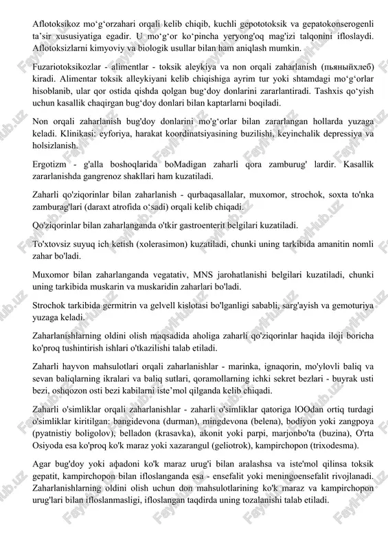 mol qilganlarning barchasining kasallanishi; 2. mahsulot tarqatilgan hududning o‘zidagina kuzatilishi. 3. mahsulotni iste’moldan chetlashtirilishi bilan kasallik tez pasayadi. salmonellezlar bilan zaharlanganlardagi klinik belgilar: to‘satdan haroratining ko'tarilishi va harorat subfebrildan 39-40° gradusgacha, gastroenterit belgilari (ko'ngil aynish, qusish, ich ketish, qorin sohasida og‘riq), tilning qurishi va tilning oq parda bilan qoplanishi, kollaps holatlaridabadanningbo^aribketishi, lablarningko'karishi, bosh og'rishi, grippsimon shakllar kuzatilganda tashxis qo‘yish juda murakkablashadi. tashxis: kasallik chaqiruvchini ajratish(ekish), uning morfologiyasi va biologik xususiyatlarini aniqlash, serologik ta’riflash, bemorning qon zardobi bilan aglyutinatsiya reaksiyasini qo‘yish. ovqatli mikotoksikozlar: aflotoksikoz, fuzariotoksikoz, ergotizm. aflotoksikoz mo‘g‘orzahari orqali kelib chiqib, kuchli gepototoksik va gepatokonserogenli ta’sir xususiyatiga egadir. u mo‘g‘or ko‘pincha yeryong'oq mag'izi talqonini ifloslaydi. aflotoksizlarni kimyoviy va biologik usullar bilan ham aniqlash mumkin. fuzariotoksikozlar - alimentlar - toksik aleykiya va non orqali zaharlanish (pyaniyxleb) kiradi. alimentar toksik alleykiyani kelib chiqishiga ayrim tur yoki shtamdagi mo‘g‘orlar hisoblanib, ular qor ostida qishda qolgan bug‘doy donlarini zararlantiradi. tashxis qo‘yish uchun kasallik chaqirgan bug‘doy …