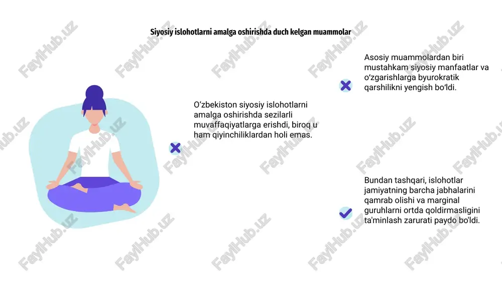 lohotlarning amalga oshirilishi boshqa mamlakatlar bilan savdo va hamkorlik uchun yangi imkoniyatlar ochib, o‘zbekistonda iqtisodiy o‘sishni yanada rag‘batlantirdi. o‘zbekistonda gender tengligi va siyosiy islohotlar so‘nggi yillarda o‘zbekistonda gender tengligini ta’minlashga qaratilgan siyosiy islohotlarni amalga oshirishda sezilarli yutuqlarga erishilmoqda. hukumat xotin-qizlarning siyosiy qarorlar qabul qilish jarayonlarida teng vakilligini ta’minlash bo‘yicha faol ish olib bormoqda. o‘zbekistonda amalga oshirilayotgan asosiy islohotlardan biri bu ayollarning siyosiy yetakchilik rollarida faolligini oshirishdir. muvozanatli va vakillik siyosiy manzaraga erishish maqsadida parlament va boshqa davlat organlarida ayollar sonini oshirishga harakat qilindi. bundan tashqari, hukumat turli sohalarda gender asosidagi kamsitishlarni bartaraf etish va ayollar huquqlarini rag'batlantirish uchun huquqiy va siyosiy o'zgarishlarni qo'llab-quvvatlamoqda. bu islohotlar o‘zbekistonda barcha fuqarolar uchun yanada kengroq va teng huquqli siyosiy muhit yaratishga qaratilgan. 100 75 50 o‘zbekistonda olib borilayotgan siyosiy islohotlar ommaviy axborot vositalarida keng yoritilmoqda, ommaviy axborot vositalari jamoatchilik fikrini shakllantirishda hal qiluvchi rol o‘ynaydi. ommaviy axborot vositalari yangiliklar, fikr-mulohazalar va ijtimoiy tarmoqlar orqali …