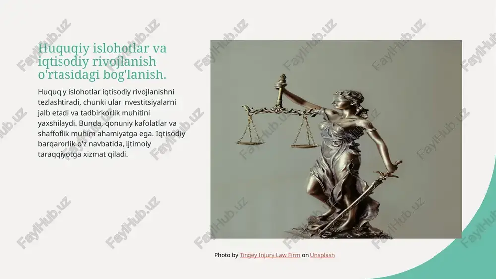 i ta'minlash, jamiyatdagi barcha qatlamlar uchun bir xil imkoniyatlar yaratadi va adolatni kuchaytiradi. 4 innovatsion yechimlar - huquqiy islohotlar, fuqarolik jamiyatida innovatsion yechimlar va yangi g'oyalarni qo'llab-quvvatlaydi, iqtisodiy va ijtimoiy taraqqiyotga hissa qo'shadi. xulosa huquqiy islohotlarning ahamiyati o'zbekistondagi huquqiy islohotlar jamiyatning rivojlanishiga katta ta'sir ko'rsatadi, ayniqsa, odamlarning huquqlari va erkinliklarini himoya qilishda. siyosiy islohotlar va taraqqiyot siyosiy islohotlar o'zbekistonda demokratik jarayonlarni jadallashtirib, fuqarolik jamiyatining shakllanishida muhim rol o'ynaydi va boshqaruvni yaxshilaydi. kelajakdagi istiqbollar huquqiy va siyosiy islohotlar davom etishi kerak, bu esa o'zbekistonning xalqaro maydondagi o'rnini yanada mustahkamlashga yordam beradi. e'tiboringiz uchun rahmat! image1.jpg image2.jpg image3.jpg /docprops/thumbnail.jpeg