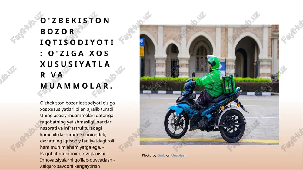 aligi mahsulotlariga boy. bu, iqtisodiy o'sishni ta'minlaydi. 2 o'zbekistonning qishloq xo'jaligi o'zbekiston qishloq xo'jaligi, paxta, meva-sabzavot yetishtirishda muhim rol o'ynaydi. bu soha mamlakat iqtisodiyotining asosiy sektori hisoblanadi. 3 energiya resurslari mamlakatda tabiiy gaz va neft zahiralari mavjud. energiya sektori o'zbekiston iqtisodiyotining muhim qismi hisoblanadi va eksportni oshiradi. 4 raqobat va imkoniyatlar o'zbekiston bozori raqobatni oshirish va investitsiyalarni jalb qilish imkoniyatlariga ega. bu, iqtisodiy rivojlanishni tezlashtirishga yordam beradi. xulosa bozor munosabatlari rivoji o'zbekistonda bozor munosabatlarining tarixiy rivoji iqtisodiy o'sishga muhim ta'sir ko'rsatdi, yangi imkoniyatlar yaratdi va xalqaro savdoni rivojlantirdi. o'ziga xos xususiyatlar o'zbekiston bozor iqtisodiyotining o'ziga xos xususiyatlari, resurslar va mahalliy an'analar bilan bog'liq muammolarni hal qilishda muhim rol o'ynaydi. kelajak istiqbollari bozor munosabatlarining kelajak istiqbollari iqtisodiy barqarorlik, innovatsiyalar va davlatning faol roli orqali yanada rivojlanish imkoniyatlarini taqdim etadi. e'tiboringiz uchun rahmat! image1.jpg image2.jpg image3.jpg /docprops/thumbnail.jpeg