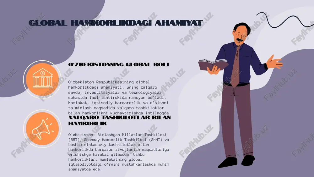 gligini ta'minlashdagi sa'y-harakatlari xalqaro miqyosda e'tirof etilmoqda. osiyo taraqqiyot banki bilan hamkorlik o'zbekiston respublikasi osiyo taraqqiyot banki (otb) bilan samarali hamkorlikni yo'lga qo'ygan. otb o'zbekistonga iqtisodiy rivojlanishni qo'llab-quvvatlash maqsadida 3 milliard dollardan ortiq moliyaviy yordam ajratdi. masalan, "suv ta'minoti va sanitariya" loyihasi, qishloq joylarda suv ta'minotini yaxshilashga qaratilgan. shuningdek, "ta'lim sohasida islohotlar" dasturi doirasida 1000 dan ortiq yangi sinf xonalari qurilgan. o'zbekistonning otbdagi faoliyati mamlakatning ijtimoiy-iqtisodiy rivojlanishiga katta ta'sir ko'rsatmoqda, bu esa aholi turmush darajasini oshirishga yordam beradi. xulosa o'zbekiston respublikasi global hamkorlikda muhim rol o'ynayapti. iqtisodiy, siyosiy va madaniy sohalarda mamlakat o'zaro manfaatli aloqalarni rivojlantirishda davom etmoqda. mintaqaviy xavfsizlik, iqtisodiy integratsiya va madaniy almashinuvga e'tibor berish orqali jahon hamjamiyatidagi o'rnini mustahkamlashga intilmoqda. bmt va osiyo taraqqiyot banki bilan hamkorlik orqali barqaror rivojlanish maqsadlariga erishishga harakat qilmoqda. kelajakda o'zbekistonning xalqaro aloqalari yanada rivojlanishi va iqtisodiyotda ijobiy ta'sir ko'rsatishi kuta olishimiz mumkin. e'tiboringiz uchun rahmat! image1.png image2.png image3.png image4.png image5.png image6.png …