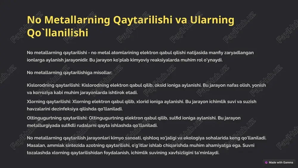 tezligini oshiradi. reaksiyaning yo'nalishini o'zgartirish: katalizatorlar reaksiyaning selektivligini oshiradi va shu bilan kerakli mahsulotning hosil bo'lishini ta'minlaydi. energiya sarfini kamaytirish: katalizatorlar reaksiyani pastroq harorat va bosimda o'tkazishga imkon beradi va shu bilan energiya sarfini kamaytiradi. 6 oksidlanish-qaytarilish reaksiyalari sanoatda va kundalik hayotda oksidlanish-qaytarilish reaksiyalari sanoatning ko'plab sohalarida keng qo'llaniladi: metallurgiya: metall rudalaridan metallarni olish, po'lat ishlab chiqarish. kimyo sanoati: ammiak, azot kislotasi, sulfat kislota kabi muhim kimyoviy moddalarni sintez qilish. energetika: yonilg'ining yonishi, elektrokimyoviy elementlar (akkumulyatorlar) ishlashi. qishloq xo'jaligi: o'g'itlar ishlab chiqarish, pestitsidlarning ta'sirini o'zgartirish. ekologiya: suv va havoni tozalash, chiqindilarni qayta ishlash. kundalik hayotda ham oksidlanish-qaytarilish reaksiyalari muhim rol o'ynaydi: nafas olish: kislorodning organizmda glyukoza bilan reaksiyaga kirishib, energiya hosil qilishi. yonish: o'tin, gaz yoki boshqa yonilg'ining kislorod bilan reaksiyaga kirishib, issiqlik va yorug'lik hosil qilishi. korrosion: metall buyumlarning zanglashi yoki yemirilishi. oziq-ovqat mahsulotlarining buzilishi: oksidlanish jarayonlari oqibatida oziq-ovqat mahsulotlarining sifati pasayishi. fotografiya: kumush galogenidlarning yorug'lik ta'sirida qaytarilishi natijasida …