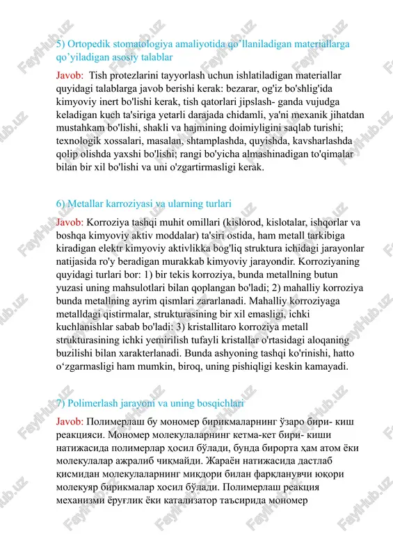 rida monomer molekulalarining faollashi hamda faollashgan molekulalarga boshqa molekulalarning ket- ma-ketlikdagi uzun zanjirini hosil qilib birikishiga asos- langan. birikish dastlab faollashgan molekula energiyasi tar- qalib ketmaguncha davom etadi. polimerlash jarayoni zanjir xususiyatiga ega bo'lib, uch aso- siy bosqichdan tarkib topgan bo'ladi. 1. monomer molekulalarining faollashuvi induktsion davr deb nomlanadi. bu davrda monomer molekulalarining biriki- shidan oldingi ikki yoklama bog'lanishining uzilish ro'y be- radi. polimerlarning hosil bo'lishi juda sezilarsiz bo'lib, induktsion davrning davomiyligi monomer molekulalarining tabiati, katalizator miqdori va temperaturaga bog'liq. 2. zanjirniing o'sishi asosiy davr bo'lib, bu davrda poli- merlarning asosiy miqdori hosil bo'ladi. molekulaning ja- rayon xususiyatlariga ega faol markazlarining paydo bo'lishi bilan, zanjir o'sishi jarayoni boshlanadi. bu davr ekzotermik reaktsiya tipi bo'yicha kechadi, ya'ni ma'lum miqdorda issiqlik ajraladi. 3. zanjirning uzilishi makro molekulalarining hosil bo'lishi, uning o'sishini tugash nuqtasida yakunlanadi. bu tur- li sabablarga ko'ra ro'y beradi. 8) sopolimer va ularning fizik kimyoviy xossalari javob: sopolimerlarning asosiy sifatlaridan …