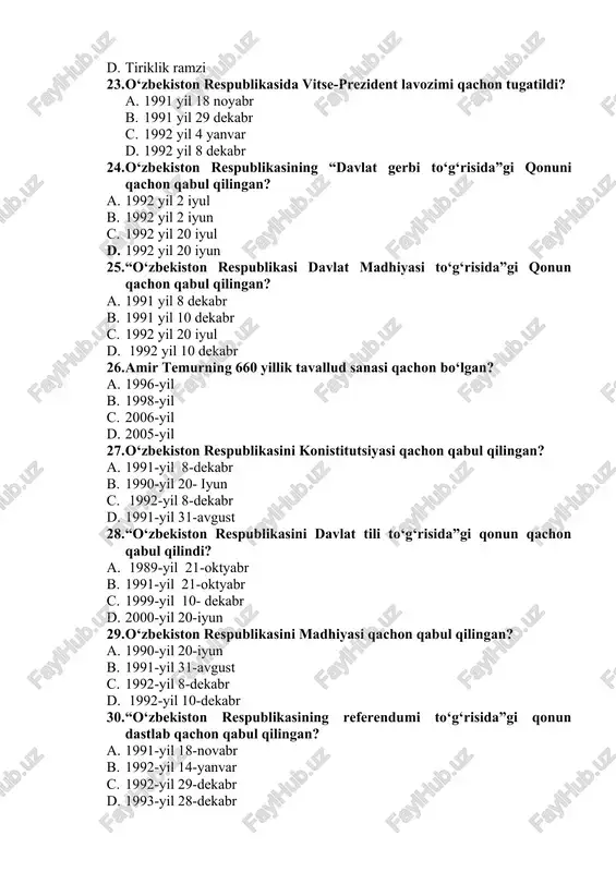 spublikasini davlat tili to‘g‘risida”gi qonun qachon qabul qilindi? a. 1989-yil 21-oktyabr b. 1991-yil 21-oktyabr c. 1999-yil 10- dekabr d. 2000-yil 20-iyun 29. o‘zbekiston respublikasini madhiyasi qachon qabul qilingan? a. 1990-yil 20-iyun b. 1991-yil 31-avgust c. 1992-yil 8-dekabr d. 1992-yil 10-dekabr 30. “o‘zbekiston respublikasining referendumi to‘g‘risida”gi qonun dastlab qachon qabul qilingan? a. 1991-yil 18-novabr b. 1992-yil 14-yanvar c. 1992-yil 29-dekabr d. 1993-yil 28-dekabr 31. davlat hokimyat organlarining bo‘linish prinsipi qanday? a. o‘zbekiston respublikasini oliy majlis vazirlik mahkamasi sud va prokuratura. b. o‘zbekiston respublikasini prezidenti, bosh vazir. c. o‘zbekiston respublikasini oliy majlisi, vazirlar mahkamasi d. o‘zbekiston respublikasini oliy majlisi, vazirlar mahkamasi va sud. 32. yangi tahrirdagi o‘zbekiston respublikasi konstitutsiyaning tarkibiy qismlari to‘gri ko‘rsatilgan javobni aniqlahg a. 6 bo‘lim 27 bob 155 moddadan iborat b. 6 bo‘lim 26 bob 128 moddadan iborat c. 6 bo‘lim 30 bob 128 moddadan iborat d. konstitutsiya bobga va bo‘limga bo‘linmaydi yaxlit holda 128 moddadan iborat 33. “o‘zbek …