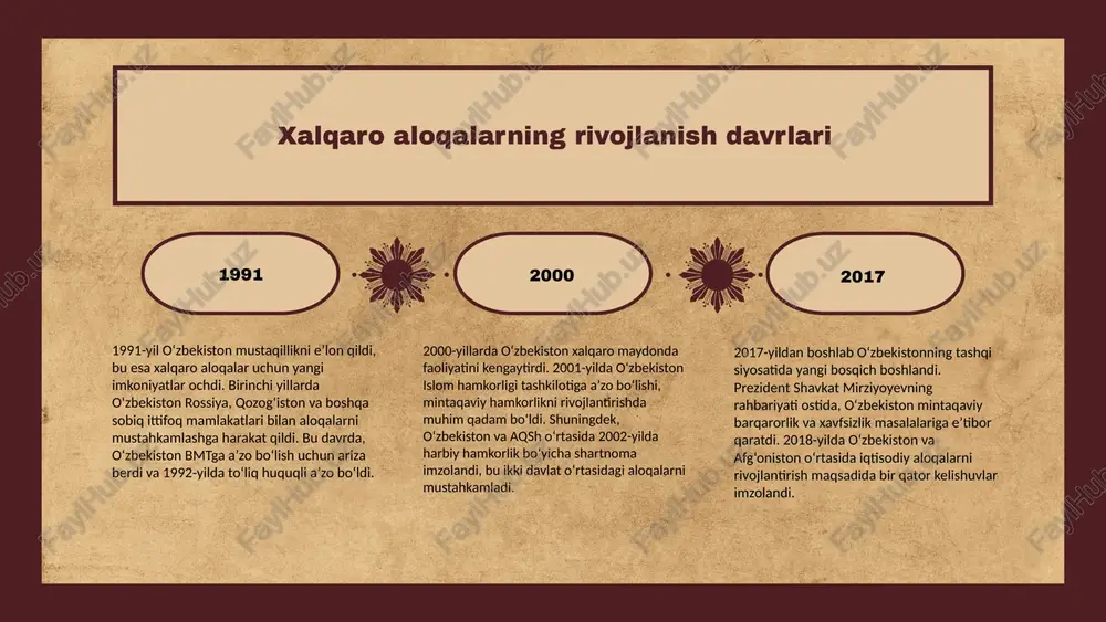 taqaviy barqarorlikka hissa qo'shishidagi ahamiyatini kuchaytiradi. 2021 mintaqaviy integratsiya jarayonlari o'zbekistonning strategik maqsadlaridan biridir. o'zbekiston infratuzilmasini yaxshilash, savdo aloqalarini kengaytirish va mintaqaviy resurslarni samarali boshqarish orqali hamkorlikni rivojlantirishga intiladi. bunda davlatlararo aloqalar va hamkorlikni mustahkamlash uchun innovatsion yondashuvlar qo'llaniladi. 2022 o'zbekistonning mintaqaviy hamkorlikdagi roli global barqarorlikni ta'minlash va iqtisodiy o'sishga hissa qo'shish orqali yanada oshmoqda. mintaqaviy tashkilotlar orqali amalga oshirilayotgan loyihalar, birgalikda ishlash va bir-birini qo'llab-quvvatlash orqali mintaqadagi barcha davlatlar uchun foydali bo'ladi. o'zbekiston va qo'shni davlatlar o'zbekistonning qo'shni davlatlar bilan aloqalari o'zbekiston qo'shni davlatlar bilan kuchli aloqalarni rivojlantirmoqda. savdo va iqtisodiy hamkorlik mintaqaviy barqarorlikni ta'minlashda muhim ahamiyatga ega. mintaqaviy xavfsizlik masalalari birgalikda muhokama qilinadi, bu esa terrorizm va ekstremizmga qarshi kurashda hamkorlikni kuchaytiradi. savdo va iqtisodiy hamkorlik savdo aloqalari o'zbekistonning qo'shni davlatlar bilan iqtisodiy o'sishini oshiradi. yangi investitsiyalar va texnologiyalarni jalb qilish orqali, o'zbekiston iqtisodiy salohiyatini kuchaytiradi. mintaqaviy hamkorlik iqtisodiy barqarorlikni ta'minlashga yordam beradi, shuningdek, xavfsizlik masalalariga ham ijobiy …