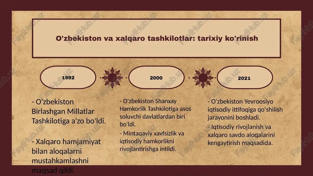 'rtasida hamkorlikdagi loyihalar amalga oshirilmoqda. 2025 o'zbekistonning xalqaro tashkilotlar bilan hamkorligini kuchaytirish uchun yangi imkoniyatlarni, jumladan, mintaqaviy tashabbuslarni qo'llab-quvvatlash va tajriba almashishni rivojlantirish lozim. bu yo'nalishlarda muvaffaqiyatli loyihalar xalqaro aloqalarni mustahkamlashga yordam beradi. yangi imkoniyatlar va muammolar o'zbekistonning global o'rni o'zbekiston xalqaro tashkilotlar bilan hamkorlikda yangi iqtisodiy imkoniyatlar ochmoqda, jumladan savdo va investitsiyalar. bu jarayonda siyosiy barqarorlik va ijtimoiy rivojlanish muhimdir. swot tahlili imkoniyatlar: iqtisodiy o'sish, yangi bozorga kirish, xalqaro yordam. tahdidlar: global raqobat, siyosiy beqarorlik, ijtimoiy muammolar. o'zbekiston bu imkoniyatlardan foydalanishi va tahdidlarga qarshi kurashishi kerak. xulosa 1. xalqaro tashkilotlar bilan hamkorlik o'zbekistonning rivojlanishiga ta'sir ko'rsatdi. 2. o'zbekiston ko'plab muvaffaqiyatlarga erishdi. 3. swot tahlili orqali muammolar va afzalliklar tahlil qilindi. 4. yangi imkoniyatlar va rivojlanish yo'nalishlari ochildi. 5. kelajakda strategik yo'nalishlarni muhokama qilish zarur. e'tiboringiz uchun rahmat! image1.jpeg image2.png image3.png image4.png image5.png image6.png image7.png image8.png image9.png image10.png image11.png image12.png image14.png