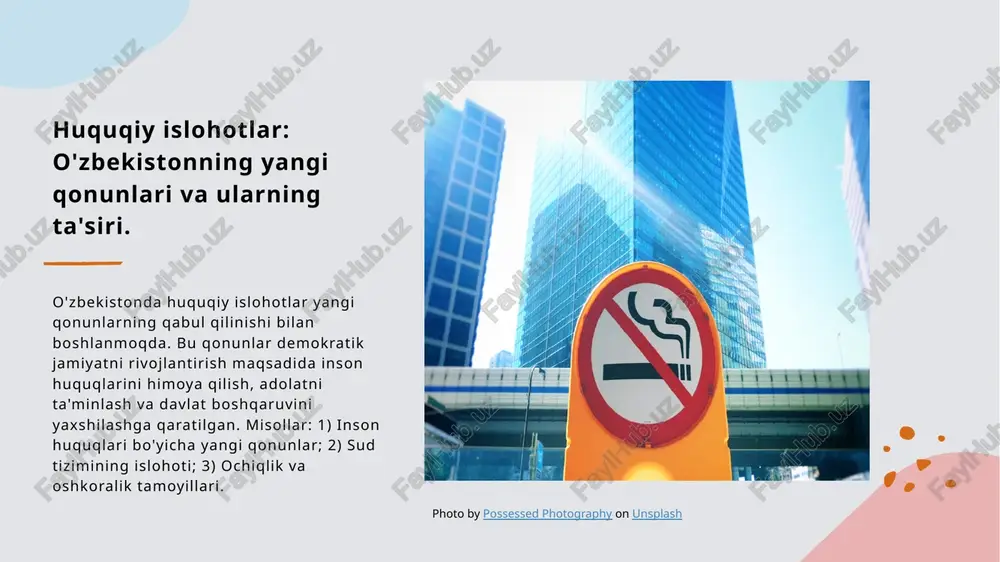 aniy meros orqali siyosiy islohotlarning zarurligini ko'rsatadi, bu esa mahalliy aholi uchun muhimdir. 03 o'tmishdan saboq o'tmishdagi siyosiy tajribalar, xususan, avvalgi rejimlar va ularning xatolaridan saboq olish, bugungi islohotlar uchun muhim manba hisoblanadi. o'zbekistondagi demokratik qadriyatlar va madaniy meros. o'zbekistonda demokratik qadriyatlar, tarixiy meros va madaniyat bilan chambarchas bog'liq. ularning asosiy tamoyillari erkinlik, tenglik va adolatdir. madaniy merosimiz, o'z navbatida, milliy identitetimizni mustahkamlashda muhim rol o'ynaydi. bu qadriyatlar demokratik jamiyatni rivojlantirishga xizmat qiladi. photo by nicholas sampson on unsplash huquqiy islohotlar va milliy identitet: tarixiy ko'rinishlar. 1 huquqiy islohotlar - o'zbekistondagi huquqiy islohotlar milliy identitetni qayta tiklashda muhim rol o'ynadi, yangi qonunlar va normativ bazalar orqali fuqarolar huquqlarini himoya qildi. 2 milliy identitet - milliy identitet o'zbekistonning tarixi, madaniyati va an'analariga asoslanib shakllanadi, huquqiy islohotlar esa bu jarayonni mustahkamlashda muhim vosita hisoblanadi. 3 tarixiy ko'rinish - o'zbekiston tarixidagi huquqiy islohotlar zamirida mustaqillikdan keyingi davrda yuzaga kelgan o'zgarishlar, milliy qadriyatlarni saqlash …