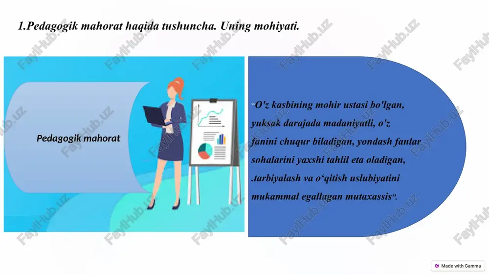 rejalashtirish, o'quvchilarga bilim va ko'nikmalarni yetkazish usullari. o'qituvchilik faoliyati o'qituvchilik faoliyatining xususiyatlari, o'qituvchining ro'li, darslarni tashkil etish, o'quvchilar bilan samarali muloqot qilish. pedagogik psixologiya o'qituvchilik jarayonida psixologik xususiyatlarni hisobga olish, o'quvchilarning psixologik xususiyatlarini o'rganish va ularni o'qitishda qo'llash. 11 3.pedagogik fikr taraqqiyotida o‘qituvchining kasbiy mahorati va mas'uliyatlari. xv asrda yashab, ijod etgan mutafakkir, alisher navoiyning yaqin do‘sti kamoliddin husayn voiz al-koshifiy (taxm. 1440-1505 y.) bol tarbiyasida maktab va muallimning alohida o‘mi borligi haqida gap: rib, muallimlar dono, bilimli, shirinsuxan, adolatli boiishi zarur, de hisoblaydi. alloma murabbiylar to‘g‘risida “axloqi muhsiniy” asarid shunday yozadi: “murabbiy (bolaga) nasihat va ta 'lim berishda lutf v odob qoidalariga rioya qilishi darkor. jamoatchilik joylarida o’quvchiga pand berish yaramaydi, balki xilvat joyda bolaga nasihat qilis zarur. agar (murabbiy) nasihat berishning fursati kelganini bilsa unga muloyimlik bilan murojaat qilishi lozim, chunki bizning zamonamizda muloyim va xushfe 7 bo ‘lish maqsadga muvqfiqdir ”. abu nosr forobiy (873-930) ustoz - …
