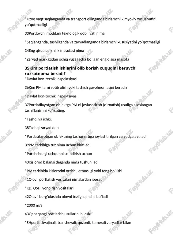 omborlari necha xil bo`ladi *vaqtinchalik, qisqa muddatli va doimiy 53pm lar saqlaydigan doimiy omborxonalarga qanday omborxonalar kiradi. *xizmat qilish muddati 3 yildan ortiq. 54pm lar saqlaydigan vaqtinchalik omborxonalarga qanday omborxonalar kiradi. * xizmat qilish muddati 3 yilgacha. 55pm lar saqlaydigan qisqa muddatli omborxonalarga qanday omborxonalar kiradi. *xizmat qilish muddati 1 yilgacha. 56pm qachon yo’q qilinadi *pm o`z qobiliyatini yo`qotganda va korxona likvidatsiya qilinganda 57yer osti lahimlarida portlovchi modda tashilganda transport tezligining cheklanganligi *5 km/soat 58qaysi turdagi pm lar tashish va saqlash xavflilik darajasi bo`yicha birinchi guruhga kiradi *tarkibida 15% dan ortiq suyuq nitroefir, flegmatizatsiyalashgan geksogan, tetril bo`lgan pm lar; 59pm larni yondirish orqali yo`qotish haqida nimalarni bilasiz? *faqatgina zarbdan portlamaydigan porlatish vositalari va portlovchi moddalar yo`qotishga ruxsat beriladi. 60qaysi pmlar suvda cho`ktiriladi *suvga chidamsiz ammiak silitrali pm 61sbr rusumli burgulash stanogi kanday kattiklikka ega byolgan jinslarda skvajina burgulashga mo’ljallangan? *f 10 62portlovchi moddalar qanday usullar bilan yo’q qilinadi? *yoqish, portlatish …