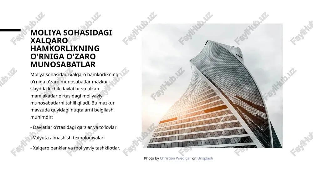 g ko'rsatkichlari. 3 barqaror moliya va iqtisodiyot moliya siyosati va xalqaro munosabatlarda o'zaro aloqaning barqarorligi iqtisodiy diplomatiya va moliyaviy munosabatlar uchun katta ahamiyatga ega. e'tiboringiz uchun rahmat! image1.jpg image2.jpg image3.jpg /docprops/thumbnail.jpeg