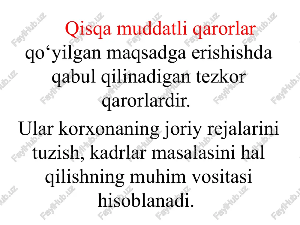 yicha qaror qabul qilish (sotib olish kerakmi? yoki o‘zimiz ishlab chiqarishimiz ma’qulmi? qarorini qabul qilishga yondashish) mahsulotlarni butlash uchun yig‘uv operatsiyalari talab qilinadigan “sotib olish yoki ishlab chiqarish” qarorini tanlash nafaqat ularni tayyorlashdagi tannarx va xarid narxlar to‘g‘risidagi ma’lumotlarni taqqoslash, balki, asosan bunday holatda bo‘sh qoladigan uskuna va boshqa ishlab chiqarish resurslaridan muqobil foydalanishini chuqur tahlil qilishga asoslangan bo‘lishi talab qilinadi. xo‘jalik yurituvchi subyekt tayyorlayotgan detali bo‘yicha quyidagi ma’lumot mavjud: ko‘rsatkichlar detal tannarxi (sh.b.da) jami 10000 detalga bir dona detalga 1. to‘g‘ri material xarajati 15000 1.5 2. to‘g‘ri ish haqi 120000 12.0 3. o‘zgaruvchan umumishlab chiqarish xarajatlari 60000 6.0 4. doimiy umumishlab chiqarish xarajatlari 75000 7.5 jami xarajatlar 270000 27.0 shunday detalni 24.0 sh.b.da sotib olishga taklif mavjud, ya’ni sotib olish imkoniyati bor. shu detalni xo‘jalik yurituvchi subyekt o‘zi ishlab chiqarish kerakmi (27.0 sh.b.) yoki sotib olishi lozimmi (24.0 sh.b.) - ? faraz qilaylik, 75000 sh.b.dagi doimiy umumishlab chiqarish xarajatlarining …