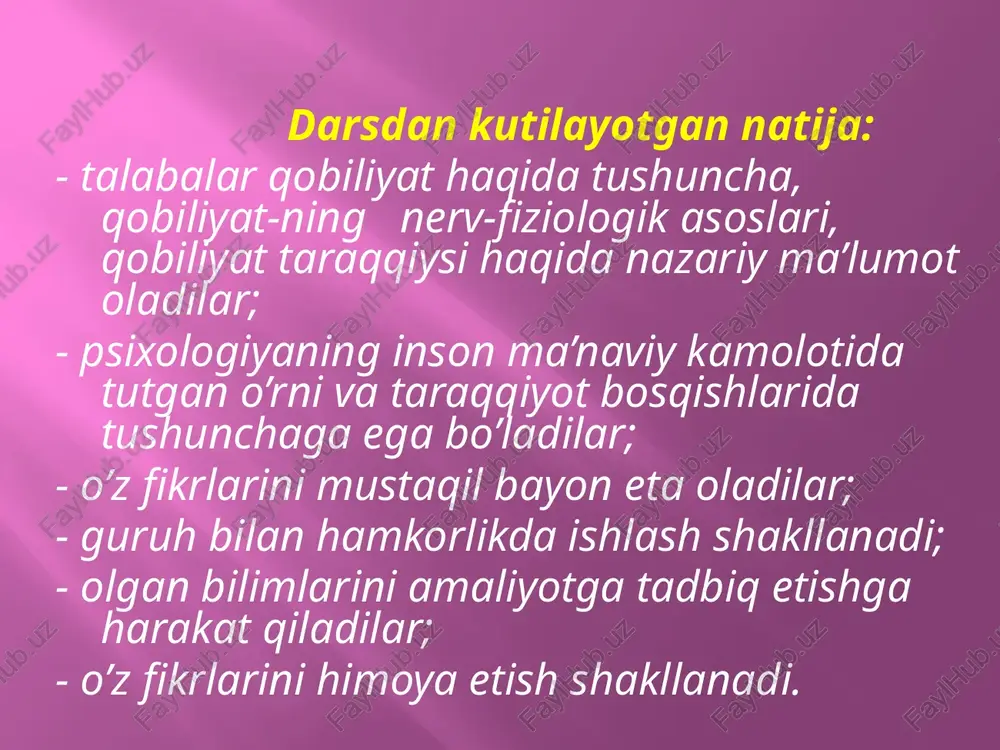 n to`ldirish (kompensatsiya qilish) ning keng imkoniyatlari bor bo`lib, buni odam o`zida chinakam va qat`iyatlik bilan ishlash orqali rivojlantirish mumkin. odamning qobiliyatlarida bor bo`lgan kompensatorlik imkoniyatlari, masalan, ko`rish va eshitishdan mahrum bo`lgan odamlarni maxsus tarbiyalashda nomoyon bo`ladi. qobiliyatlarni aniqlash qobiliyatlarni miqdor jihatdan o`lchash muammosi psixologiyada katta tarixga egadir. xix asrning oxiri va xx asrning boshlaridayoq bir qator psixologlar (kettel, termen, spirman va boshqalar) ommaviy ixtisosliklar uchun kasb tanlashni amalga oshirish zarurati bilan uzviy bog`liq bo`lgan talablar ta`siri ostida ta`lim olayotganlarning qobiliyat darajasini aniqlashni talab qilib chiqdilar. o`sha paytlarda qobiliyatlarni o`lchash usuli sifatida aqliy iste`dod testlaridan foydalanildi. aqliy iste`dod testlarining yordami bilan bir qator mamlakatlarda (aqsh, buyuk britaniya va boshqalar) qobiliyatlarni aniqlash va maktablarda o`quvchilarni saralash, armiyada ofitserlik xizmatini bajarish, ishlab chiqarishda rahbarlik lavozimini tanlash va shu kabilar amalga oshiriladi. aqliy iste`dod testlari aqliy iste`dod testlari o`zlarining mazmunlariga ko`ra muvaffaqiyatli echilishi (ko`pincha sarflangan vaqtni hisobga olib) ball yoki ochkolar yig`indisi bilan …