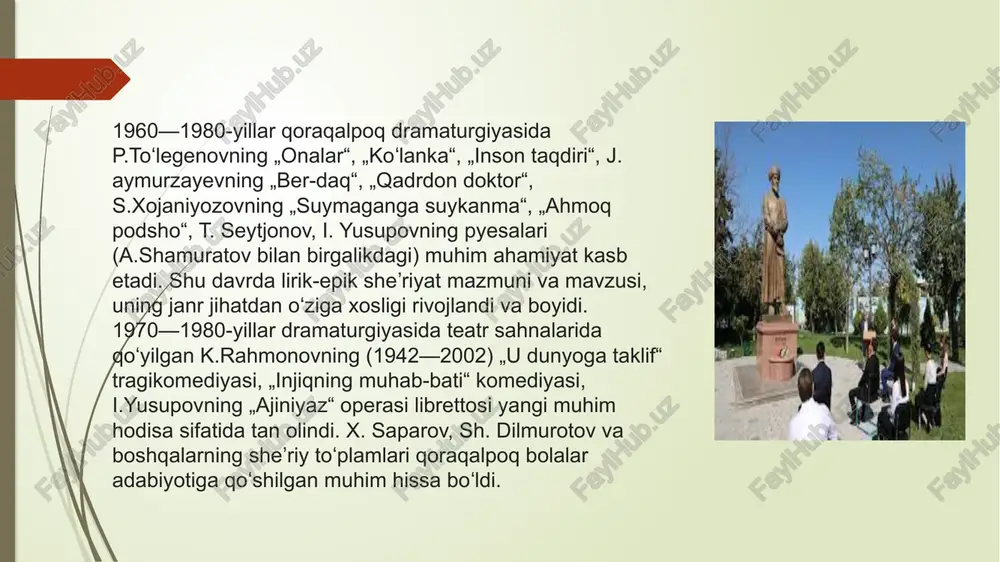 oraqalpogʻiston hududida konstitutsiyasiga amal qilinadi.qoraqalpog’iston respublikasi konstitutsiyasi o’zbekiston respublikasi konstitutsiyasiga zid kelmasligi shart.o’zbekiston qonunlari qoraqalpog’iston hududida ham amal qiladi.qoraqalpog’iston respublikasi konstitutsiyasidagi normalar o’zbekiston respublikasi konstitusiyasi normalariga zid kelgan taqdirda umumxalq muhokmasi va boshqa qonunda belgilangan vositalar yordamida xal qilinadi. qoraqalpogʻiston respublikasining joʻqorgʻi kengesi oliy davlat vakillik organi hisoblanadi. qoraqalpogʻiston respublikasi joʻqorgʻi kengesi raisi qoraqalpogʻiston respublikasining eng yuqori lavozimli shaxsi hisoblanadi. u bir vaqtning oʻzida oʻzbekiston respublikasi oliy majlis senati raisining oʻrinbosari hamdir. qoraqalpogʻiston respublikasi vazirlar kengashi davlat hokimiyatining oliy ijro etuvchi-boshqaruvchi organi hisoblanadi.jo’qorig’i kengas raisi president tomonidan tasdiqlanadi. aholisi, asosan, oʻzbeklar va qoraqalpoqlar, shuningdek, qozoqlar, qirgʻizlar, turkmanlar, rus, ukrainlar tatar, koreyslar va boshqa oʻtizga yaqin millatlar yashaydi. aholining oʻrtacha zichligi 1 km²ga 9,4 kishi. shahar aholisi 48,5 %, qishloq aholisi 51,5 %. davlat tillari — qoraqalpoq va oʻzbek tillari. etniktarkibi — o'zbeklar 38,8 %, qoraqalpoqlar 35,8 % qozoqlar, 11,8 % boshqa millatlar. dindorlari — musulmon sunniylar. yirik shaharlari: nukus (siyosiy …