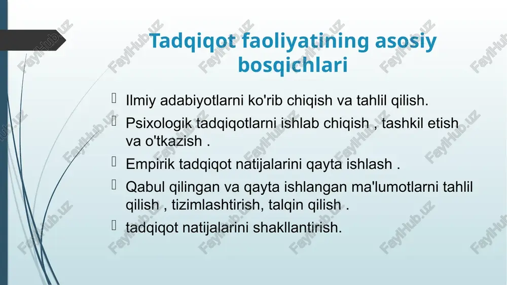 dvallar, diagrammalar) bilan o'zaro ta'sir qiladi . amaliy tadqiqotlarning xususiyatlari amaliy tadqiqotlar bevosita ijtimoiy institutning talabiga binoan tashkil etiladi . amaliy tadqiqotlar natijalarini taqdim etish uchun professional jargon qabul qilinishi mumkin emas . gipoteza amaliy mulohazalar asosida tuzilgan . tavsiyalarning aniq shakllantirilishi , yo'nalishi, muddatlari, amaliyotga tatbiq etish bosqichlari ko'rsatilishi . samaradorlik mezoni mijoz tomonidan qo'yilgan muayyan muammoni hal qilishdir. "nazariy" va "amaliyotchi" rollari bir-biridan farq qiladi: nazariyotchi jarayon haqida bilim ishlab chiqaradi va oladi, amaliyotchi esa ushbu jarayonni amalga oshirishda haqiqiy yaxshilanishlarga erishadi . ob'ekt aniq belgilangan va uning predmeti yashirindir. boshqa vaqtda va boshqa joyda allaqachon nazariy yoki amaliy tadqiqotlar mavzusi bo'lgan tipik muammolar va jarayonlar o'rganiladi. olim o'z e'tiborini muayyan muammolarni amaliy hal etishga qaratadi, shuning uchun ularni nazariy tushunishning chuqurligi haqiqiy ilmiy kategoriyalarda orqaga o'tadi. g.m. andreevaga ko'ra ijtimoiy psixologiyadagi amaliy tadqiqotlarning o'ziga xos xususiyatlari amaliy ishlar bo'yicha fundamental tadqiqotlardan ma'lum "quvib o'tish" . fan va …