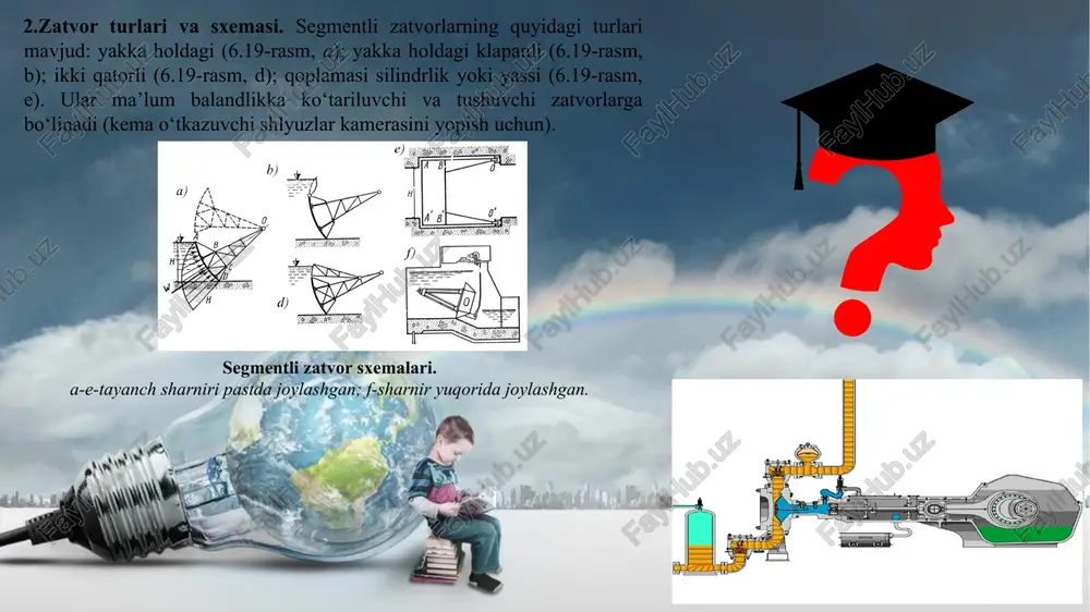 ortiq bo‘lsa, unda 2,3,5 dona nasos agregatlarining bosim quvurlari umumiy bosim quvurlariga ulanadi. uning samarali diametri, texnik-iqtisodiy hisoblar yordamida aniqlanadi. suv chiqarish bosimli inshooti - bosim quvurlaridan chiqayotgan suvni qabul qilib uni suv olib ketish mashina kanaliga uzatuvchi inshootdir. nasos agregati ogohlantirishsiz to‘xtab qolganda, suvni orqaga tushib ketmasligini ta’minlaydi. uning o‘lchamlari gidravlik hisoblar natijasida aniqlanadi. suv olib ketish mashina kanali – suv chiqarish bosimli inshootidan suvni qabul qilib uni iste’molchilarga yetkazib beruvchi inshoot hisoblanadi. nasos stansiyasining turlari va ularning klassifikatsiyasi. nasos stansiyalari quyidagi alomatlariga qarab klassifikatsiyalanadi. 1. vazifasiga ko‘ra 2. suv uzatish trassasida joylashishiga ko‘ra 3. suv olish manbasiga ko‘ra 4. qurilgan o‘rni bo‘yicha 5. tuzilishiga ko‘ra 6. to‘xtamaslik shartiga ko‘ra 7. gidrotexnik inshootlarning kattaligiga qarab. 8. suv sarfiga nisbatan (m3/s) 9. suv ko‘tarish balandligiga qarab (m). foydalaniladigan adabiyotlar ro'yxati: 1. bakiev m.r., majidov j., nosirov b., xo’jaqulov r., raxmatov m. gidrotexnika inshootlari. 1-jild. toshkent, “yangi asr avlodi”, 2008. 2. …