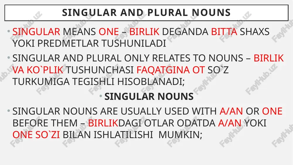 dalaniladi. misol uchun: i have a book – menda kitob bor there is a book on the table – stolning ustida kitob bor there is or there are (2) there is va there are fe`llarini ishlatishda undan keyin kelgan noun (ot) birlik yoki ko`plikda kelganligiga e`tibor berish lozim. birlikdagi otlar bilan – there is; ko`plikdagi otlar bilan – there are ishlatiladi. misol uchun: there is an apple on the tree – daraxtda bitta olma bor; there are apples on the tree – daraxtda olmalar bor; there is or there are (question) there is yoki there are fe`llari bilan so`roq gap yasashda, to be fe`llarini ya`ni is va are ni there so`zidan oldinga olib o`tiladi: is there an apple on the tree? – daraxtda olma bormi? are there apples on the tree? – daraxtda olmalar bormi? there is or there are (answer) is there yoki are there bilan savol berilganda, shu …