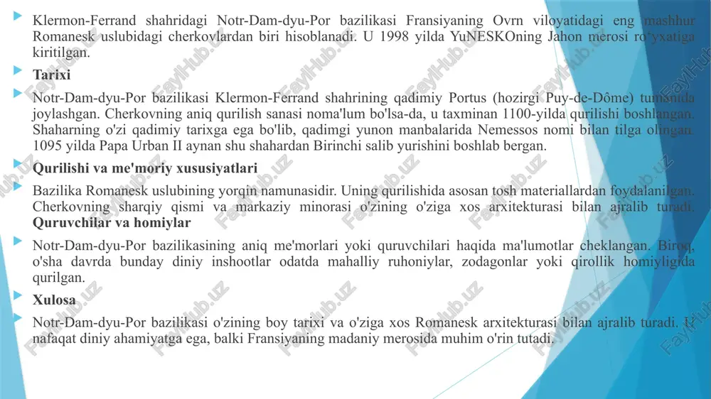harakat qilinib tiklandi. klermon-ferrand shahridagi notr-dam-dyu-por bazilikasi notr-dam-dyu-por bazilikasi kulrang qum toshidan qurilgan. romanesk uslubida barpo etilgan bino lotin xochi shaklidagi aniq reja asosida qurilgan. janubiy portal ustida o‘yma timpan (yarim doira shaklidagi haykaltaroshlik bezagi) saqlanib qolgan bo‘lib, u inqilob davrida shikastlangan, keyinchalik esa qayta tiklangan. cherkovda to‘rtta kapella va xor qismi mavjud. ichki bezaklar oddiy, ammo nafis bo‘lib, har bir derazada rang-barang vitraj oynalar bilan bezatilgan. ustunlarning kapitel qismidagi relyefli haykallar bibliyadagi va mifologik sahnalarni aks ettiradi. muqaddas qurbongoh ajoyib mozaikalar bilan bezatilgan. cherkov ichida bir nechta muqaddas bokira maryam haykallari joylashgan. xor qismi ostidagi kryptada "qora madonnaning" xvii asrga oid haykali saqlanadi. ushbu haykal vizantiya davridagi asl haykalning aniq nusxasi bo‘lib, o‘rta asrlarda ushbu cherkovga ziyoratchilarni jalb qilgan. notr-dam-dyu-por bazilikasi ovrn viloyatidagi beshta asosiy romanesk ibodatxonalardan biri hisoblanadi. 1998-yilda u yuneskoning jahon merosi ro‘yxatiga kiritilgan. image1.png image2.png image3.png image4.png image5.png image6.png image7.png image8.png image9.png /docprops/thumbnail.jpeg
