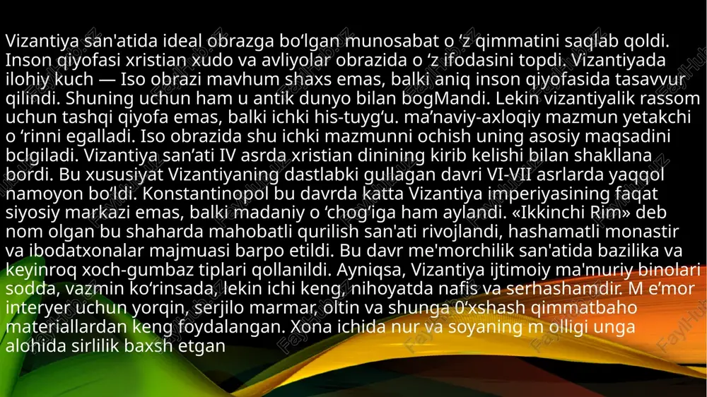 xii asrga kelib bu yerda ikona san'ati rivojlanish davrini boshidan kechirdi. bu rangtasvirrining nodir namunasi xii asr birinchi yarmida konstantinopollik usta tomonidan ishlangan «vladimir bibi maryami» ikonasi hisoblanadi. insoniy tuyg'ularga boy bu ikona jahon san’atining nodir durdonasi moskvadagi tretyakov galereyasining sharafi hisoblanadi. vizantiya san'atiga 1204 yildagi salb yurishi katta ziyon yetkazdi, asarlar vayron qilindi. birqator san’atkorlar o ‘zgayurtlarga ketibqoldi. faqat xiv asrga kelib san'at jonlana boshladi. konstantinopoldagi kaxriye-jomi cherkovi mozaikasi shu davrda jonlangan san’at namunasidir. asar ekspressiv badiiy yechimi, nozik rang gammasi va birinchi bor fazoviy kenglikni ko'rsatishga intilish harakati boshlanganini ko'rsatadi. 1453 yili konstantinopol turklar tomonidan bosib olindi va bu saltanatning umri tugadi. bu yerdagi juda ko‘p inshootlar qayta qurilib, musulmon e'tiqodiga moslashtirildi, jumladan avliyo sofiya ibodatxonasi masjidga aylantirildi. vizantiya davlati tugagani bilan uning san’ati olm adi, uning atrofidagi davlatlar bu madaniyatdan bahramand boldi. vizantiya san'ati va madaniyati jahon xalqlari san’ati va madaniyatining rivojlanishiga katta ta’sir ko'rsatdi. bolqon yarim …