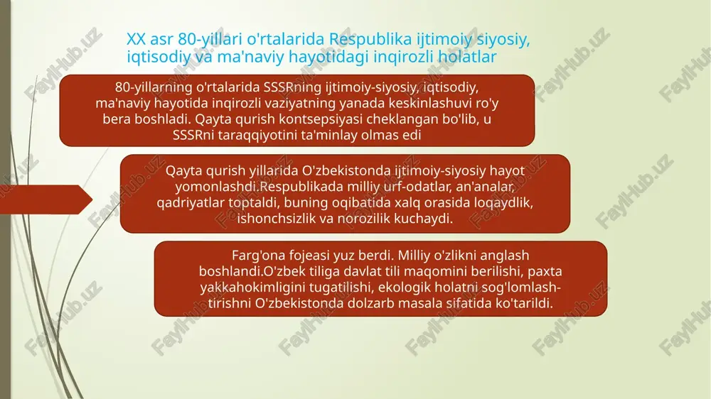 i, o’zbekiston ssr jliy soveti, o’zbekiston ssr prokuraturasi, o’zbekiston ssr iib kabi muhim boshqaruv bo’g’nlari shunday kadrlarning qo’liga o’tadi. ular respublikadagi ijtimoiy – siyosiy vaziyatni yanada keskinlashtirib yuboradi. natijada, “o’zbekiston tergov usullari o’tkaziladigan “maydon”ga aylanib qoladi. o’zbekistonda “o’zbeklar ishi” deb nomlangan qatag’onning boshlanishi 1989 yil o'rtalarida respublika ijtimoiy-siyosiy hayotidagi o'zgarishlar. milliy manfaatlar ustuvorligining o'sib borishi. 80 yillar o’rtalaridan vaziyat o’zgardi. a.qodiriy, cho’pon, fitrat, usmon nosir, m.sayxzodalarning millarchilik, panislomizm va panturkizmda ayblanib, qatag’on qilinganliklari ochib tashlandi 30-40 yillar va 50-yillar boshlarida siyosiy qatag’on qilinib qatl etilgan va qamoqlarga tashlangan xalqimizning asl farzandlari oqlandi. «chig’atoy gurungi», «milliy ittihod», «milliy istiqlol», «botir gapchilar» singari «aksilinqilobiy guruhlar» vakillari oqlandi 1937 -1939 yillarda qamoqqa olinib otib tashlangan 6920 ta ziyolining qatag’n qismati o’rganildi akademik erkin yusupovning (1928-2003) publisistik maqolalarida markaz o’yinlari ochib berildi 1990 yil 23 martda o’zbekiston ssr prezidenti lavozimini ta’sis etish, o’zbekiston ssr konstitutsiyasiga o’zgartirishlar kiritish to’g’risida qonun qabul qilindi 1990 yil 24 …