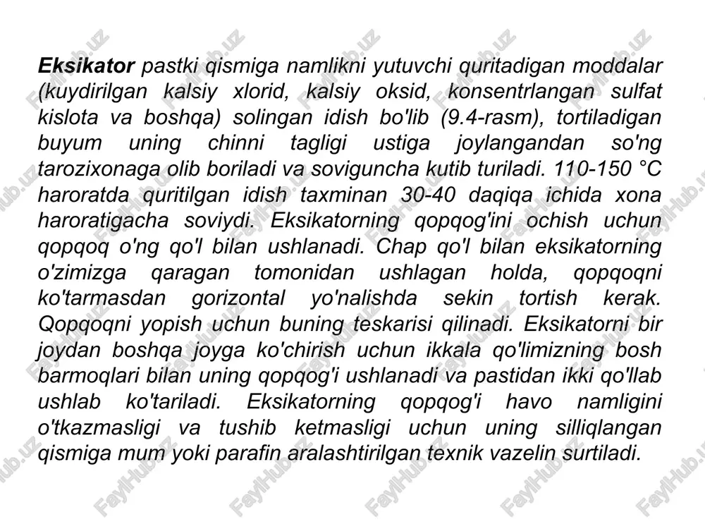 ana shu raqamlar yordamida olinishini hech vaqt unutmang. laboratoriya jurnali qancha osoyishta va tushunarli yuritilsa, siz oladigan natijalar ham shuncha to'g'ri va aniq bo'ladi. laboratoriya jurnali sizning madaniyatingizni ham ko'rsatishini unutmang. har bir laboratoriya ishi jurnalda aniq rasmiylashtirilishi kerak. buning uchun unga ishning nomi, qisqacha mazmuni, o'lchovlar, kuzatishlar va hisoblashlar natijalari kiritilishi kerak. miqdoriy analizda olinadigan natijalar statistik ishlangan bo'lishi kerak 1.laboratoriya ishi. analiz rejasi. 1. bariy xlorid tarkibidagi kristallizatsiya suvining massa ulushini aniqlash ayrim moddalar cho'kkanda o'zi bilan ma'lum miqdor suvni birga cho'ktiradi. modda tarkibidagi bunday suvga kristallizatsion suv deyiladi. tarkibida kristallizatsiya suvi bo'lgan moddalar muayyan formulaga javob berishi kerak. shu bois modda tarkibidagi bunday suv, ayrim hollarda, stexiometrik suv ham deb ataladi. ko'pchilik jismlar va moddalar namlikni yutadi. moddalar tomonidan yutilgan bunday namlik gigroskopik namlik deyiladi. kristallizatsion va gigroskopik namlikni gravimetrik haydash usuli yordamida aniqlashda tekshiriladigan modda qizdiriladi. aniqlashni bajarishda tekshiriladigan moddaning ma'lum tortimi o'lchab olinadi va u …