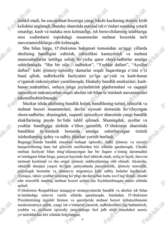ishi, ijtimoiy barqarorligi va fuqarolarning turmush darajasiga bevosita ta’sir ko‘rsatadi. bandlik orqali inson o‘zining ijtimoiy rolini bajara oladi, doimiy daromad manbaiga ega bo‘ladi hamda oilasini moddiy ta’minlash imkoniyatiga ega bo‘ladi. davlat miqyosida qaralganda, bandlik darajasi mehnat resurslaridan foydalanish samaradorligi, ichki bozorning barqarorligi va soliq tushumlari bilan bog‘liq bo‘ladi. aholi bandligi deganda, mehnatga layoqatli yoshdagi fuqarolarning rasmiy yoki norasmiy ish o‘rniga ega bo‘lib, o‘z mehnati evaziga daromad topayotgan holati tushuniladi. bu tushuncha ichida turli shakllar mavjud bo‘lib, ular mehnat faoliyatining turlari, yuridik maqomi, ish vaqti va daromad shakli bilan farqlanadi. rasmiy va norasmiy bandlik turlari aholining bandlik turlari rasmiy va norasmiy shakllarga bo‘linadi. rasmiy bandlik — bu qonuniy asosda mehnat shartnomasi tuzgan holda faoliyat yurituvchi ishchi kuchini anglatadi. bunday ishchilar ijtimoiy himoya, pensiya ta’minoti, tibbiy sug‘urta kabi huquqlarga ega bo‘ladilar. davlat, xususiy yoki xorijiy tashkilotlarda ishlovchi shaxslar rasmiy bandlik doirasiga kiradi. ularning mehnati hisobga olinadi va statistikaga kiritiladi. norasmiy bandlik esa …
