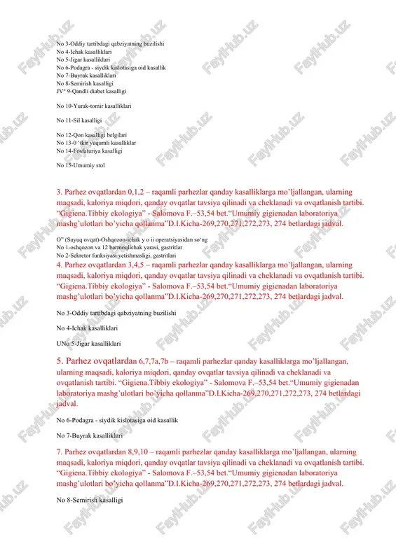 -,onlar paydo bo‘lishi mumkin. 5. uglevodlarr h.aqida aytib bering. “gigiena.tibbiy ekologiya” - salomova f. – 42,43 bet .uglevodlarning energetik maqsadlarda ko‘plab ishlatilishini hisobga olib, ovqat mahsulotlari bilan ularni doimiy ravishda ichakka tushib turishini ta’minlash maqsadga muvofiqdir. shu bilan bir qatorda agar organizmga ortiqcha miqdorda uglevodlar iste’mol qilinsa, ular yog‘- larga aylanib yog‘ depolarida to‘planishi mumkin.uglevodlarning organizmda o‘zlashtirilishi ularning tarkibiga qarab o‘zgarishi mumkin. mas., monosaxaridlar organizmda to iiq o‘zlashtiriladi, disaxaridlar esa 96-98% ga va polisaxaridlar 85-86% ga o‘zlashtiriladi. 6. owqatlanishning adekvatligini tekshirish va baholash qanday olib boriladi. “gigiena.tibbiy ekologiya” - salomova f. – 54-55,56 bet. “umumiy gigiena bilan ekologiya” l.panamareva -14,15,16,17 better. hamnia gigienik talablarga va birinchi navbatda organizmning fiziologik ehtiyojiga muvofiq keladigan amaldagi ovqatlanishga adekvat ovqatlanish deyiladi. shaxsiy ovqatlanishning adekvatligini baholash uchun ko'pincha so‘rov usulidan foydalaniladi va keyinchalik o‘rtacha kunlik ratsionning ovqatli qiymati va kaloriyaliligi hisoblab topiladi. usulning mohiyati shundan iboratki, patsientni (yoki aholi guruhini) so‘rash orqali uning ovqatidagi kunlik …