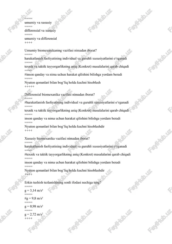 /s birligiga o‘tkazing? ==== #25 m/s ==== 90000 m/s ==== 9000 m/s ==== 2500 m/s ++++ tezlikning 90 m/s birligidan km/soat birligiga o‘tkazing? ==== 25 km/soat ==== 90000 km/soat ==== #324 km/soat ==== 1500 km/soat ++++ tezlikning 144 km/soat birligidan m/s birligiga o‘tkazing? ==== #40 m/s ==== 36 m/s ==== 36,6 m/s ==== 400 m/s ++++ yugurish kinosiklogrammasini chizishda belgilangan nuqtalar qaysi sxema bo‘yicha birlashtiriladi? ==== #(c → b → f → s → p → d va b → a → m) ==== (b → a → m) ==== (c → b → f → s → p → d ==== (c → b → f va s → p → d → b → a → m) ++++ xronogramma bu … ==== #harakatning vaqt diagrammasi ==== harakatning tezlik diagrammasi ==== harakatning tezlanish diagrammasi ==== harakatning masofa diagrammasi ++++ yugurish kinosiklogrammasining vx tezlik grafigini chizishda x va y o‘qlariga …
