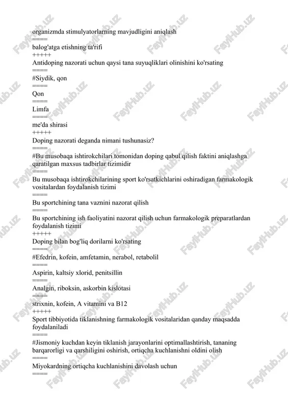 q-qo'llari uzun va ingichka; ==== tananing ko'ndalang va bo'ylama o'lchamlarining to'g'ri nisbati, ko'krak normal, elkalari keng, oyoq-qo'llari nisbatan qisqa; +++++ akseleratsiya: ==== #bu o'sish va rivojlanish tezligining tezlashishi, tana hajmining o'sishi, oldingi avlodga nisbatan balog'atga etishning erta boshlanishi. ==== bu o'sish sur'atining tezlashishi, keyingi balog'atga etish davri; ==== bu o'sish sur'atining sekinlashishi, oldingi avlodlarga nisbatan kechroq balog'atga etish; ==== bu ota-onadan meros bo'lib qolgan organizmning individual morfofunksional xususiyatlari; +++++ jismoniy rivojlanishni o'rganishdan maqsad: ==== # salomatlik holatini baholash, tibbiy guruhlarga ob'ektiv taqsimlash, sport turlari bo'yicha tanlash uchun. ==== bolalarning pasporti va biologik yoshini aniqlash; ==== jismoniy rivojlanish darajasini aniqlash; ==== mumkin bo'lgan jismoniy faoliyatni aniqlash; +++++ yuqttni o'rganishning instrumental usullarini ko'rsating. ==== #exokardiografiya, ekg, polikardiografiya, fcg. ekokardiyografi, ekg, polikardiografiya, pcg. ==== elektrokardiografiya, sfigmografiya, anamnez. ==== perkussiya, reografiya, miografiya ==== ensefalografiya, miografiya, elektrokardiografiya. +++++ dinamik muvofiqlashtirishni baholash usullarini belgilang ==== #barmoq-burun testi, tizza-kaltsaneal testi. ==== barmoq-burun testi, romberg testi, stanj testi …